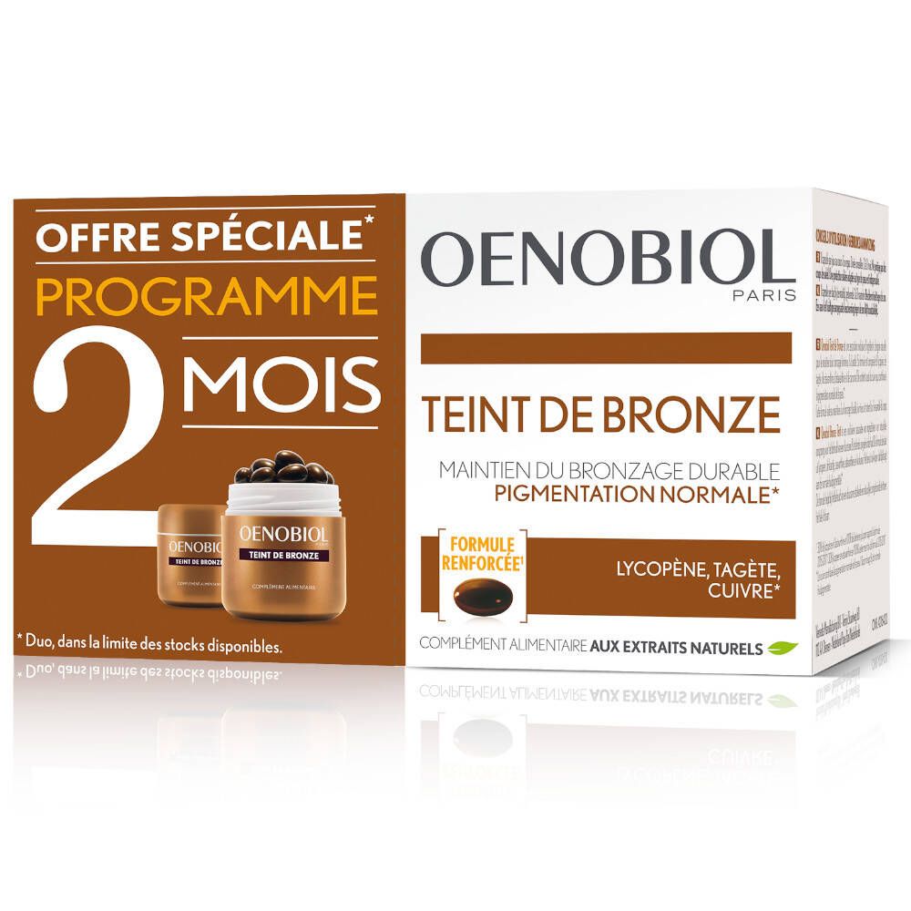Oenobiol Teint de Bronze DUO verpakking. Bruine en witte doos met productnaam en ingrediënten. 2 maanden programma.