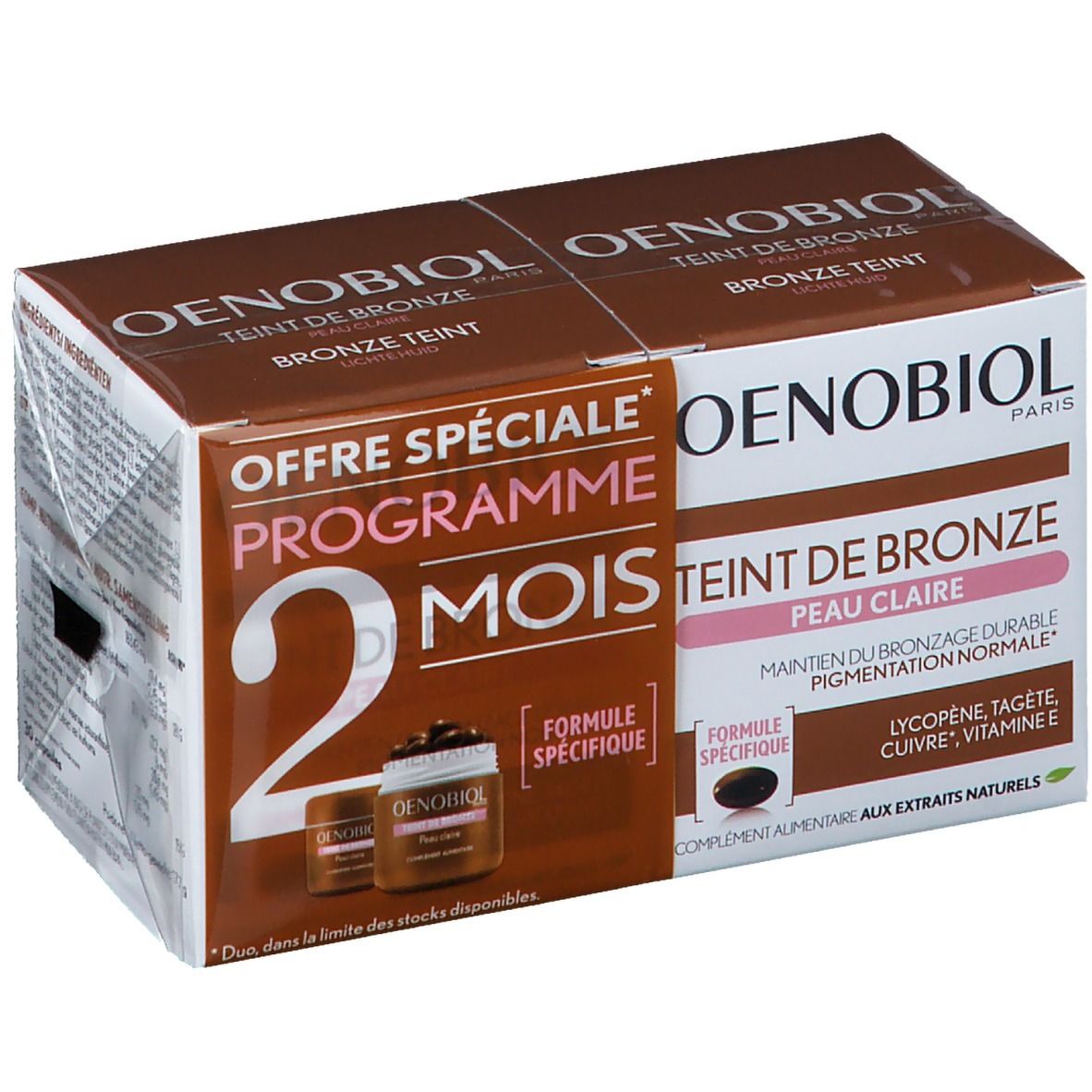 Verpakking van Oenobiol Teinte De Bronze Peau Clair DUO. Bruine en witte doos met productinformatie en logo.
