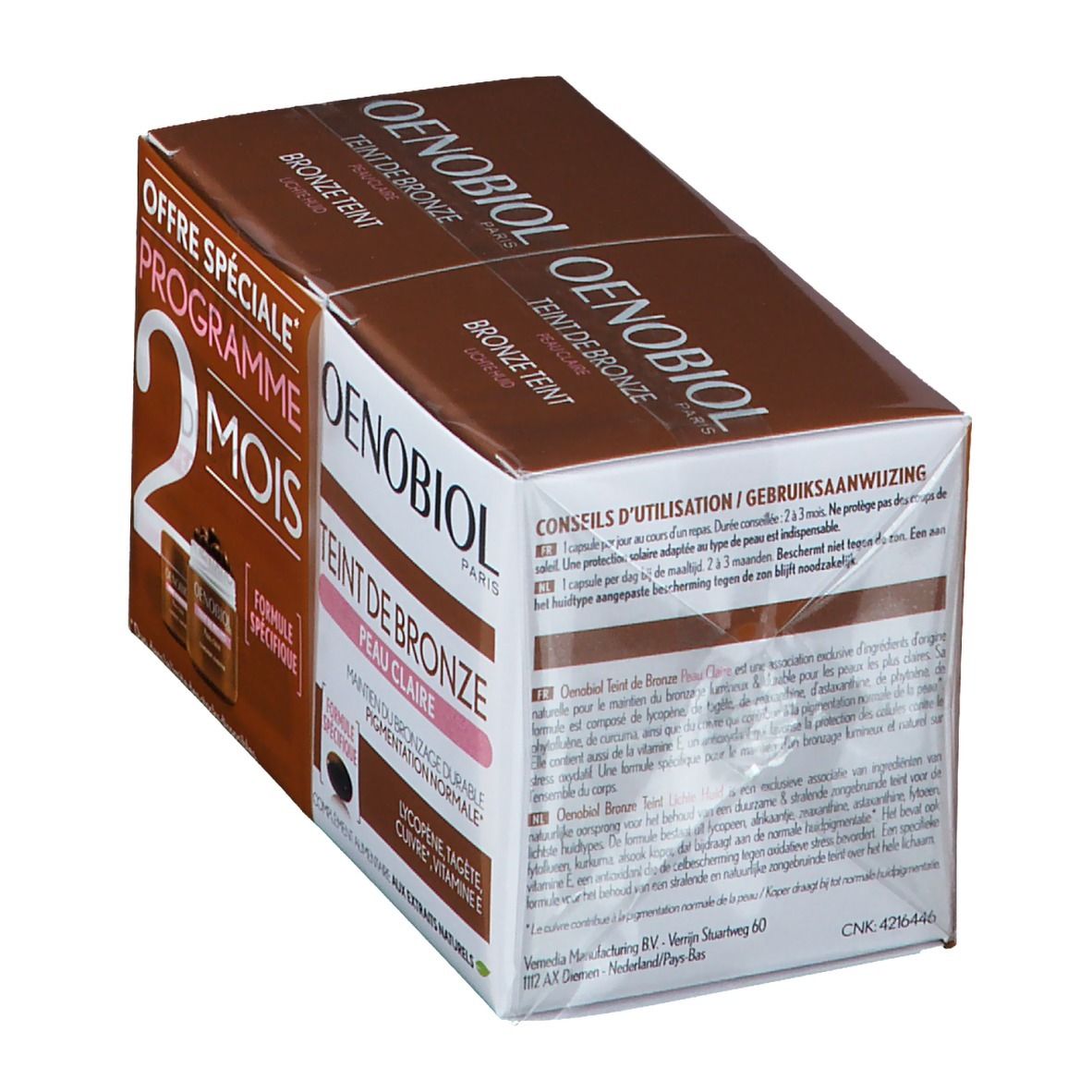 Verpakking van Oenobiol Teinte De Bronze Peau Clair DUO. Bruine en witte doos met productinformatie en logo.