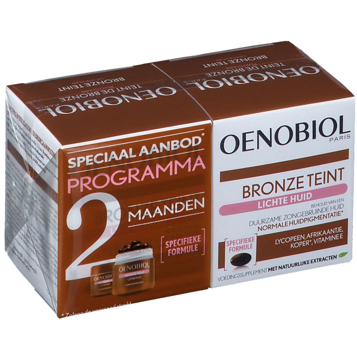 Verpakking van Oenobiol Teinte De Bronze Peau Clair DUO. Bruine en witte doos met productinformatie en logo.
