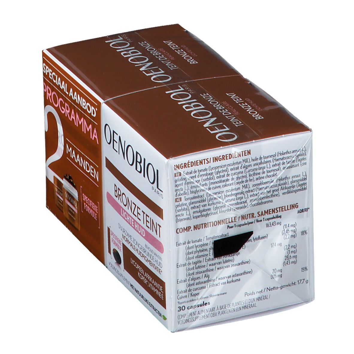 Verpakking van Oenobiol Teinte De Bronze Peau Clair DUO. Bruine en witte doos met productinformatie en logo.