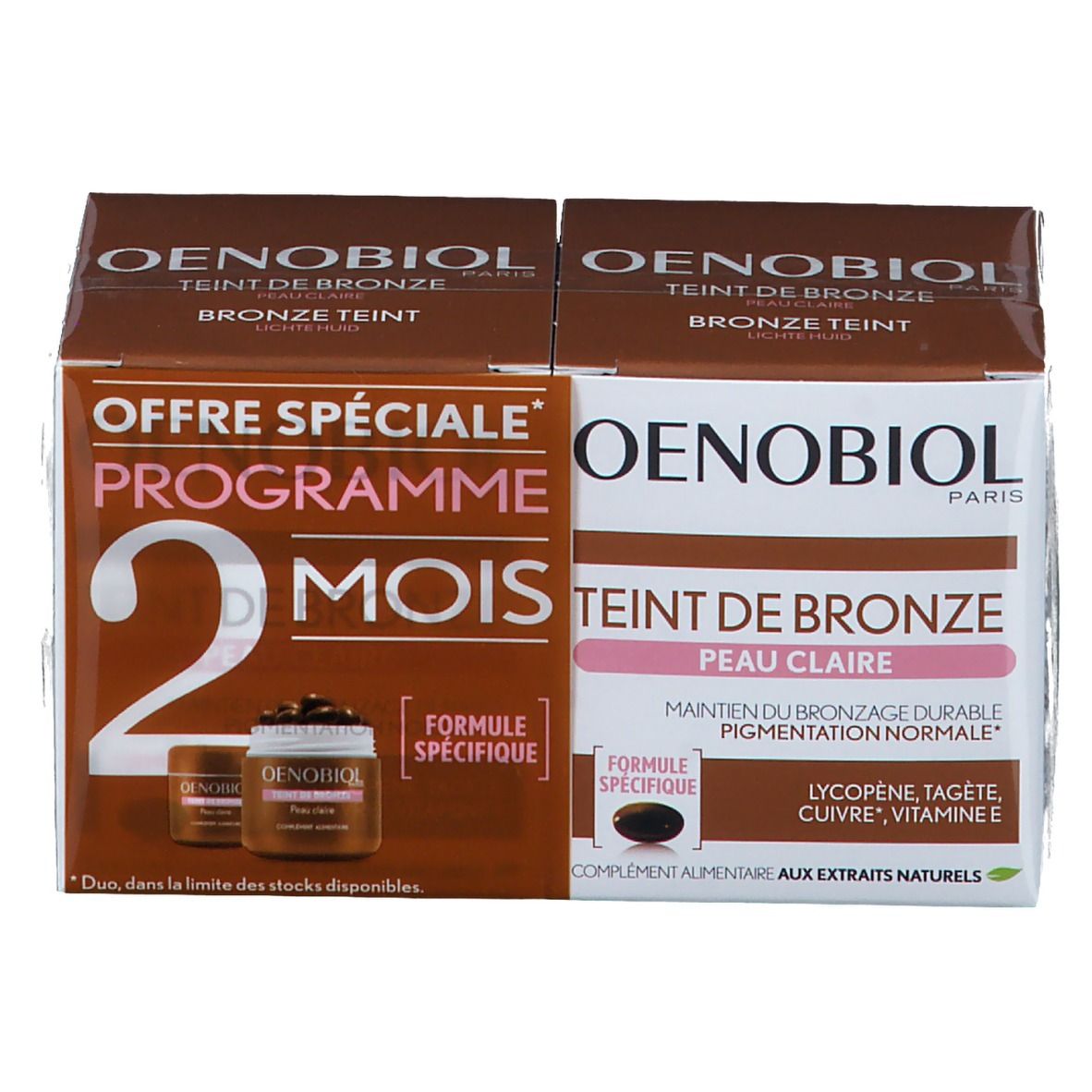 Verpakking van Oenobiol Teinte De Bronze Peau Clair DUO. Bruine en witte doos met productinformatie en logo.
