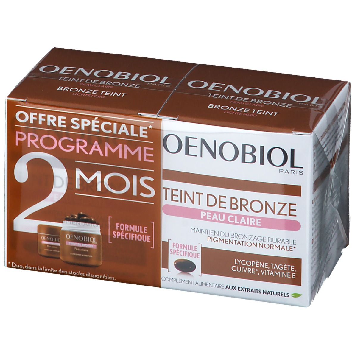 Verpakking van Oenobiol Teinte De Bronze Peau Clair DUO. Bruine en witte doos met productinformatie en logo.