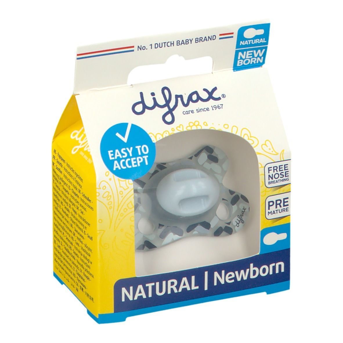 Verpakking met speen. Zichtbaar: blauw zuiggedeelte, transparante verpakking, merknaam difrax, tekst NATURAL | Newborn.