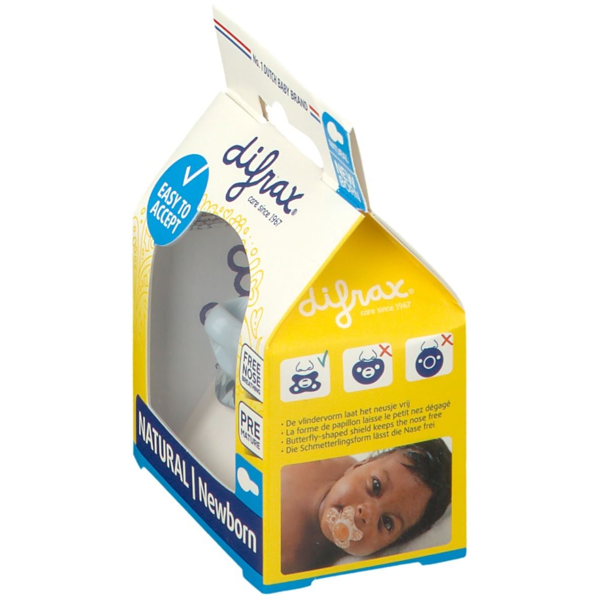 Verpakking met speen. Zichtbaar: blauw zuiggedeelte, merknaam difrax, tekst NATURAL | Newborn, baby met speen.