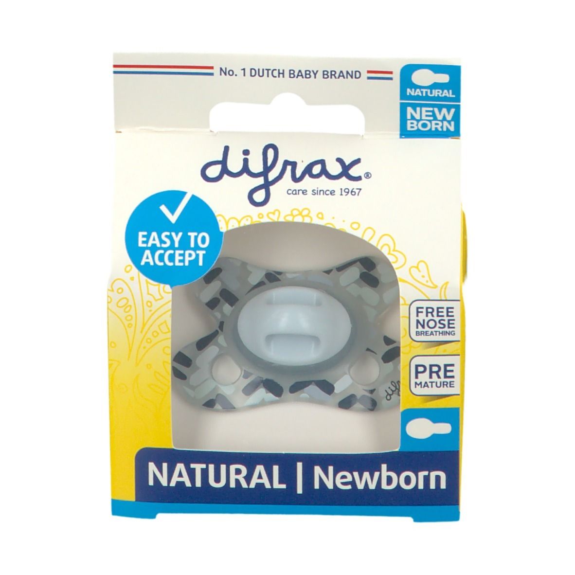 Verpakking met speen. Zichtbaar: blauw zuiggedeelte, transparante verpakking, merknaam difrax, tekst NATURAL | Newborn.