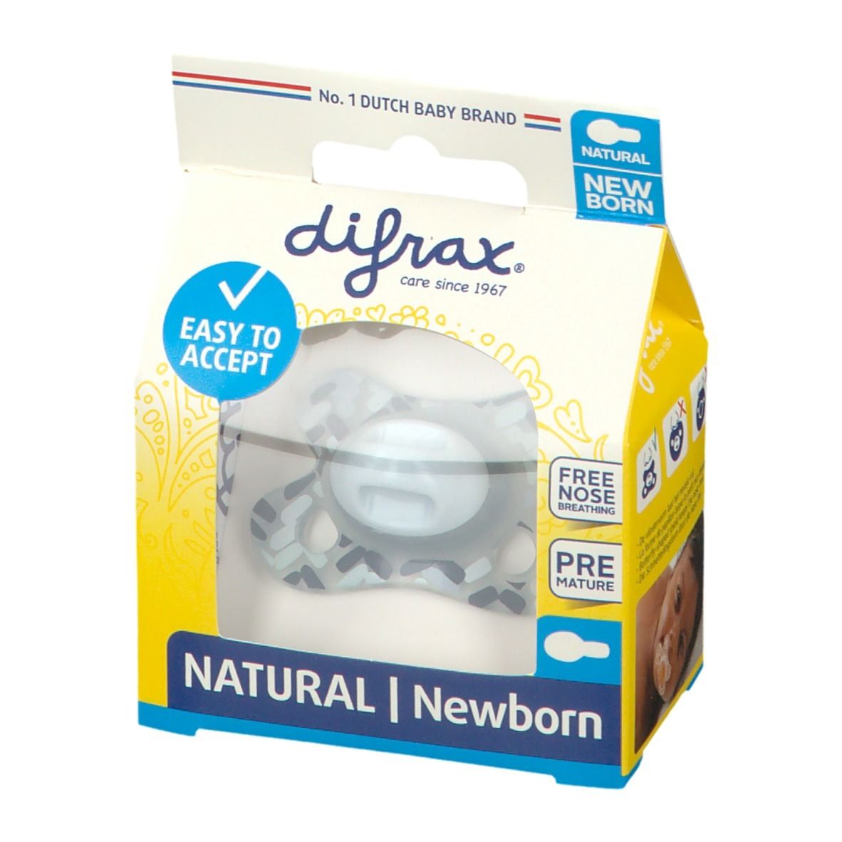 Verpakking met speen. Zichtbaar: blauw zuiggedeelte, transparante verpakking, merknaam difrax, tekst NATURAL | Newborn.