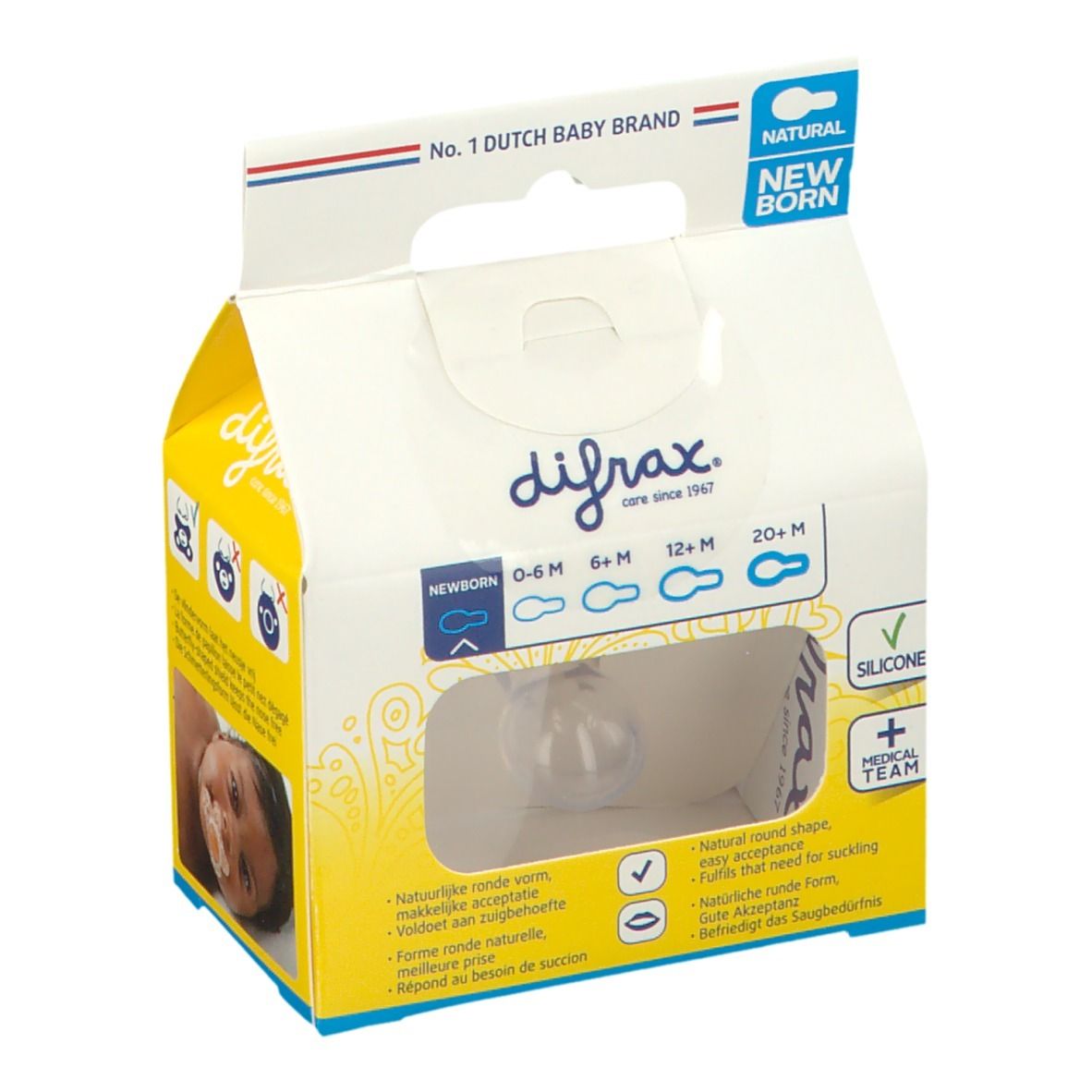 Verpakking met speen. Transparante speen. Opschrift: difrax, 0-6M, 6-12M, 12-20M. Venster. Siliconen.