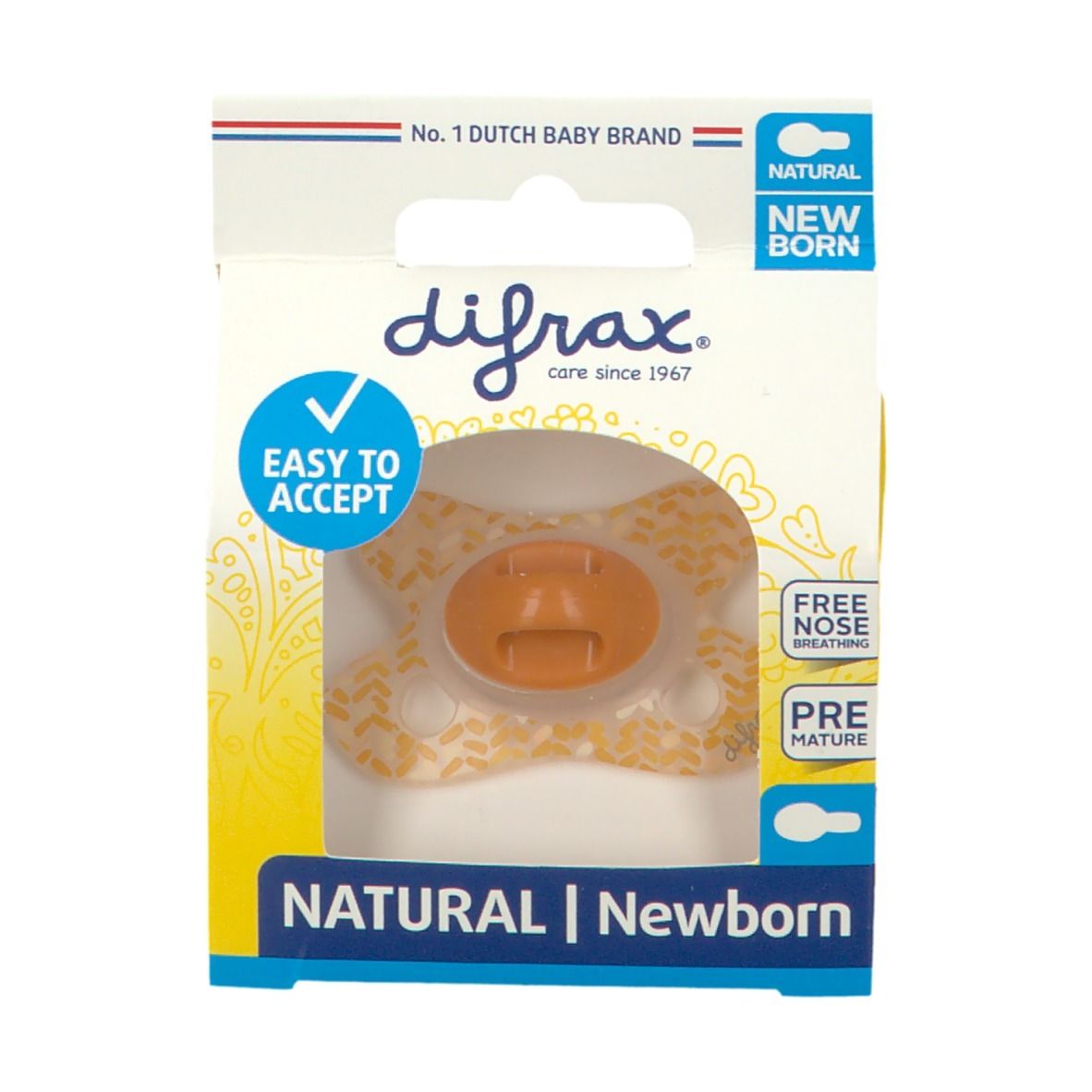 Speen in verpakking. Oranje speen, transparante schild. Opschrift: difrax, Natural Newborn. Venster.