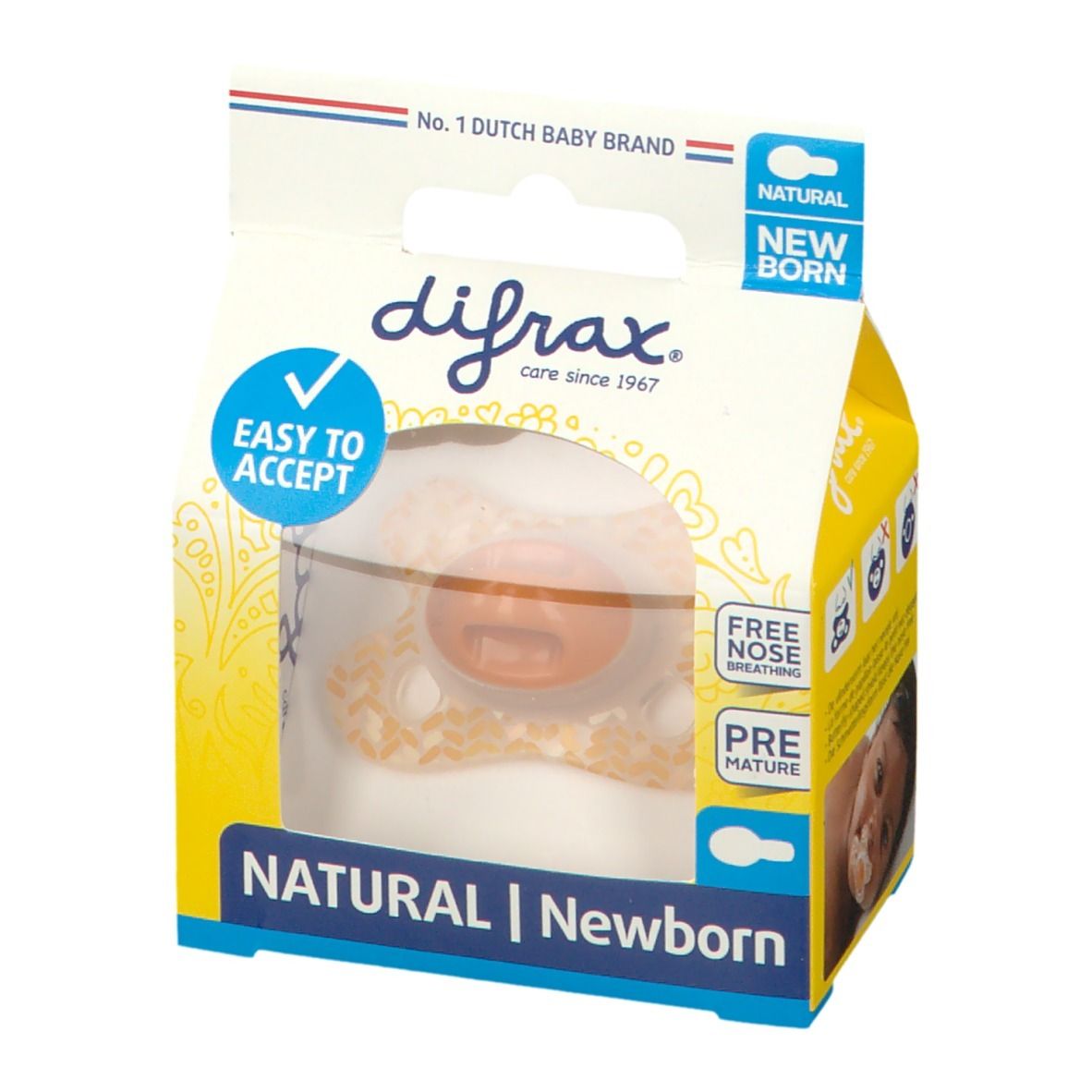 Speen in verpakking. Oranje speen, transparante schild. Opschrift: difrax, Natural Newborn. Venster.