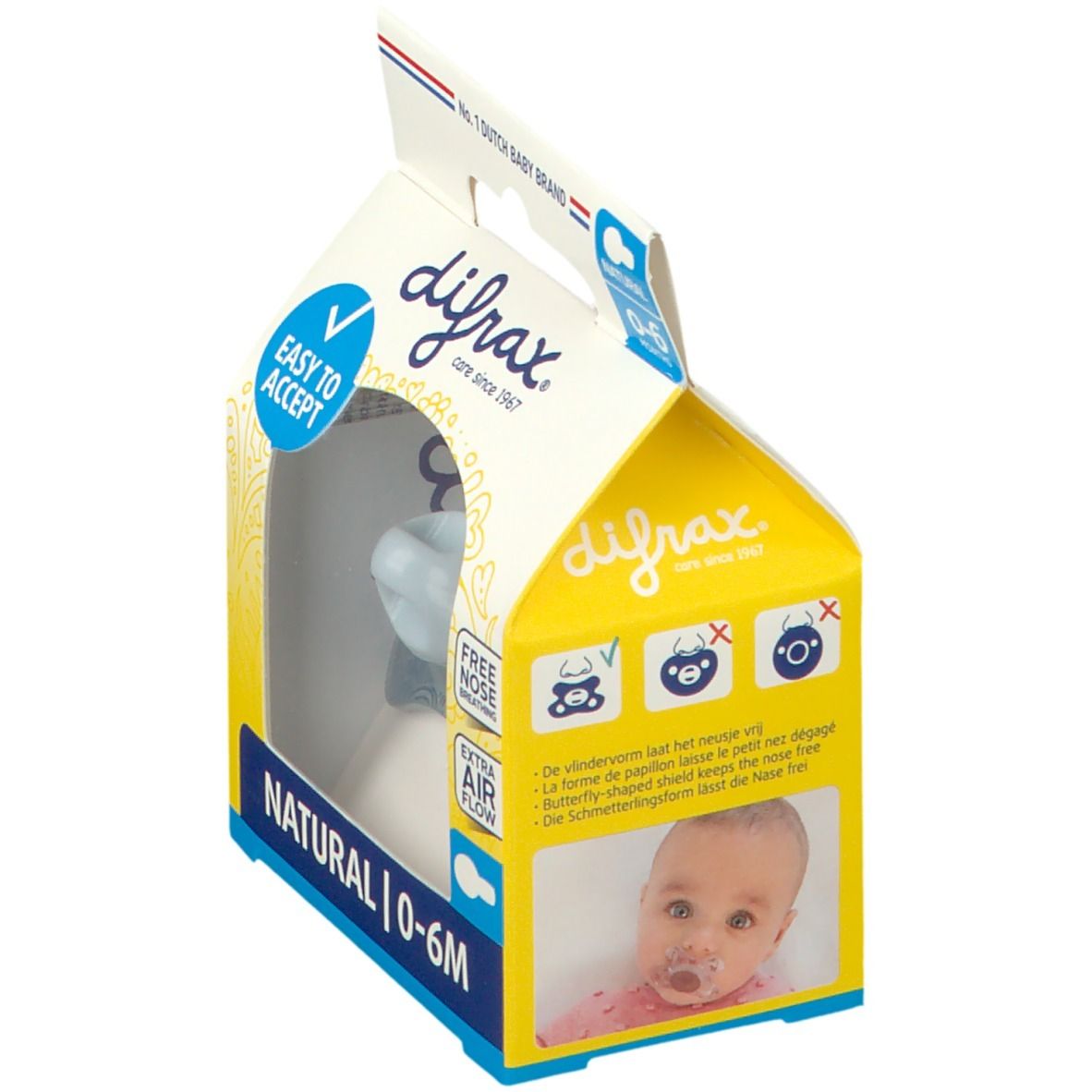 Verpakking met fopspeen. Fopspeen in doos met venster. Tekst: difrax, 0-6 maanden, Easy to Accept, Natural, Extra Air Flow. Baby met fopspeen.