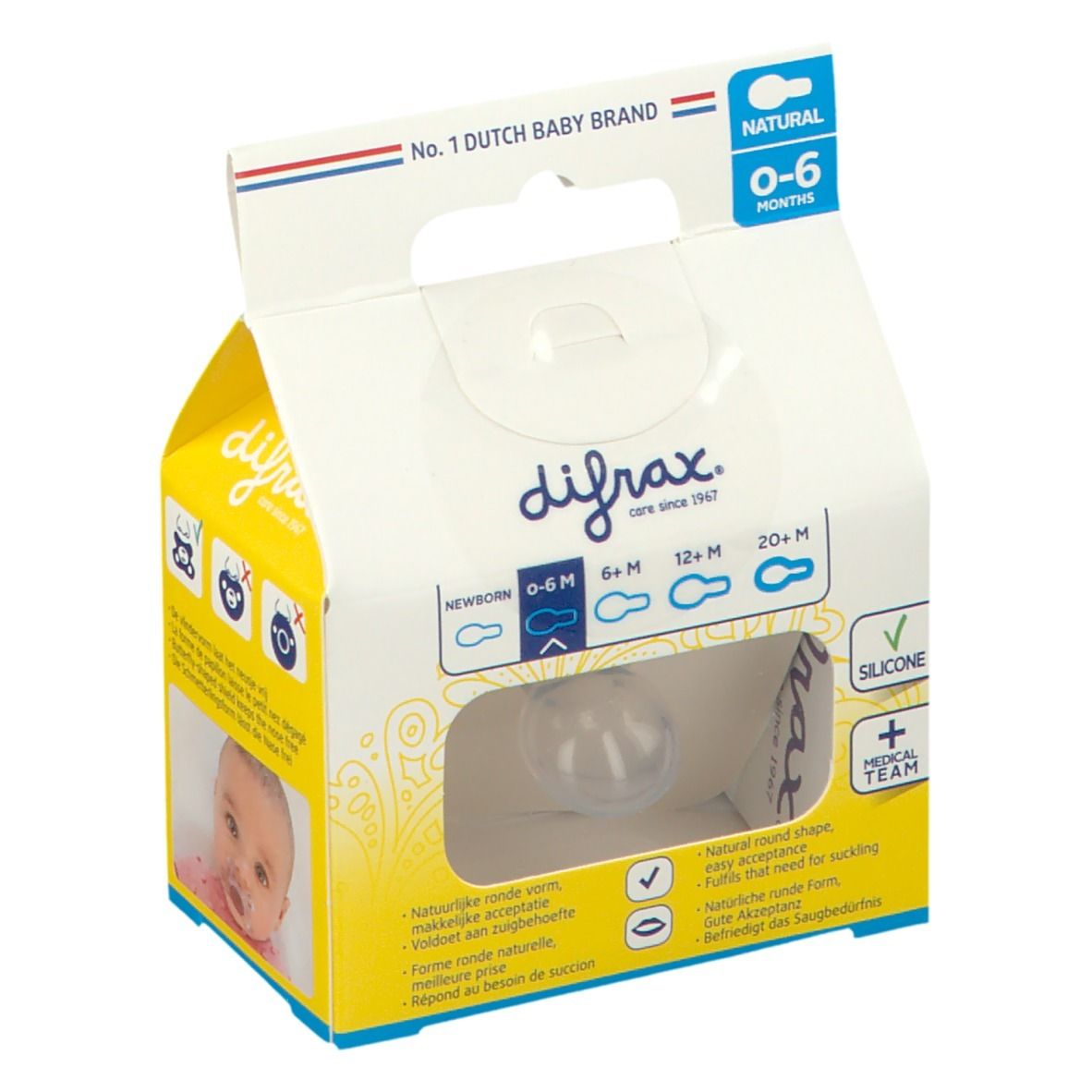 Verpakking met fopspeen. Fopspeen in doos met venster. Tekst: difrax, 0-6 maanden, Natural, Silicone. Iconen: 0-6M, 6M+, 12M+, 20M+.