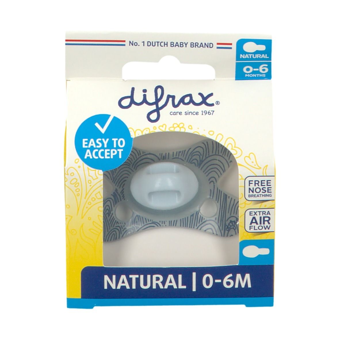 Verpakking met fopspeen. Blauwe fopspeen in doos met venster. Tekst: difrax, 0-6 maanden, Easy to Accept, Natural, Extra Air Flow.