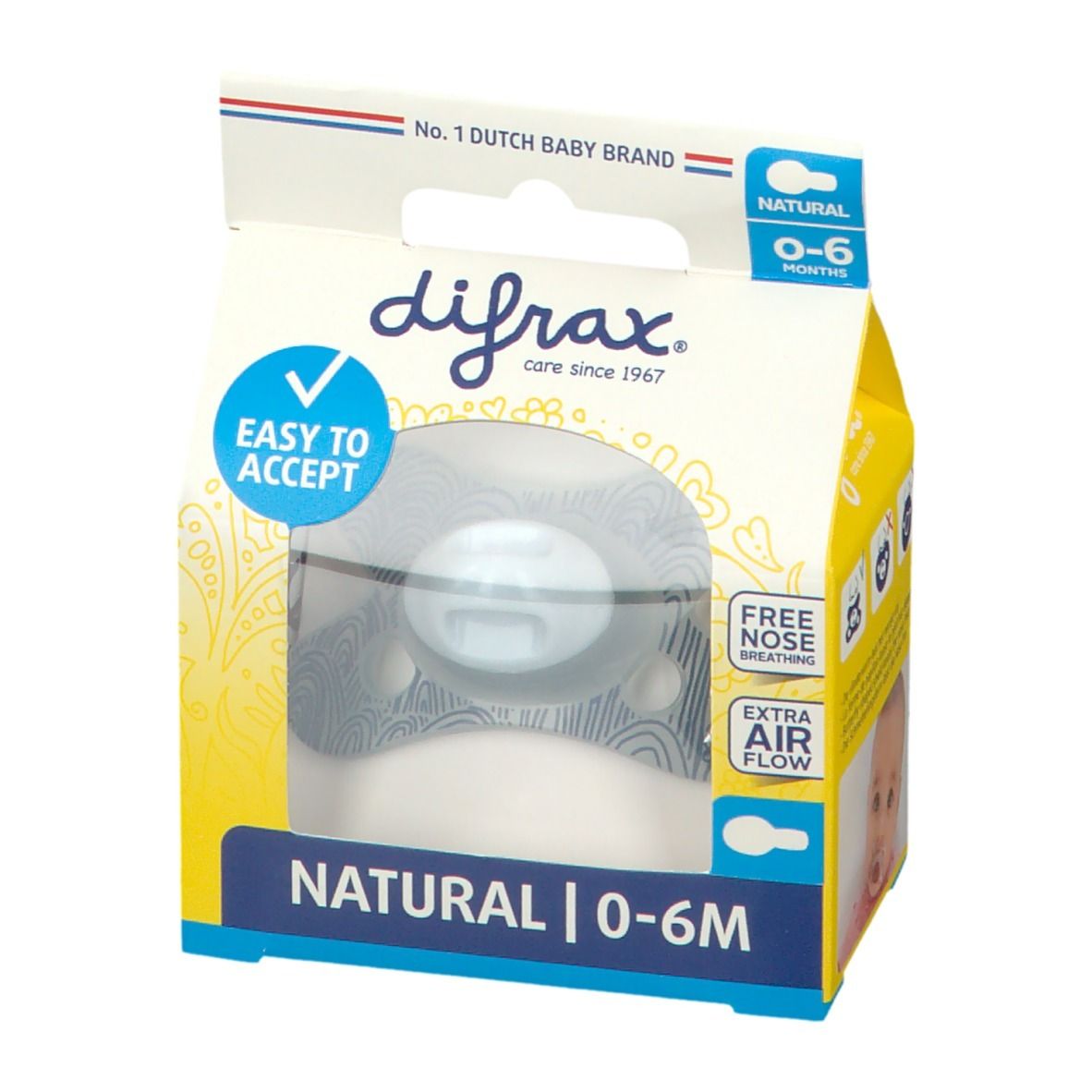 Verpakking met fopspeen. Blauwe fopspeen in doos met venster. Tekst: difrax, 0-6 maanden, Easy to Accept, Natural, Extra Air Flow.