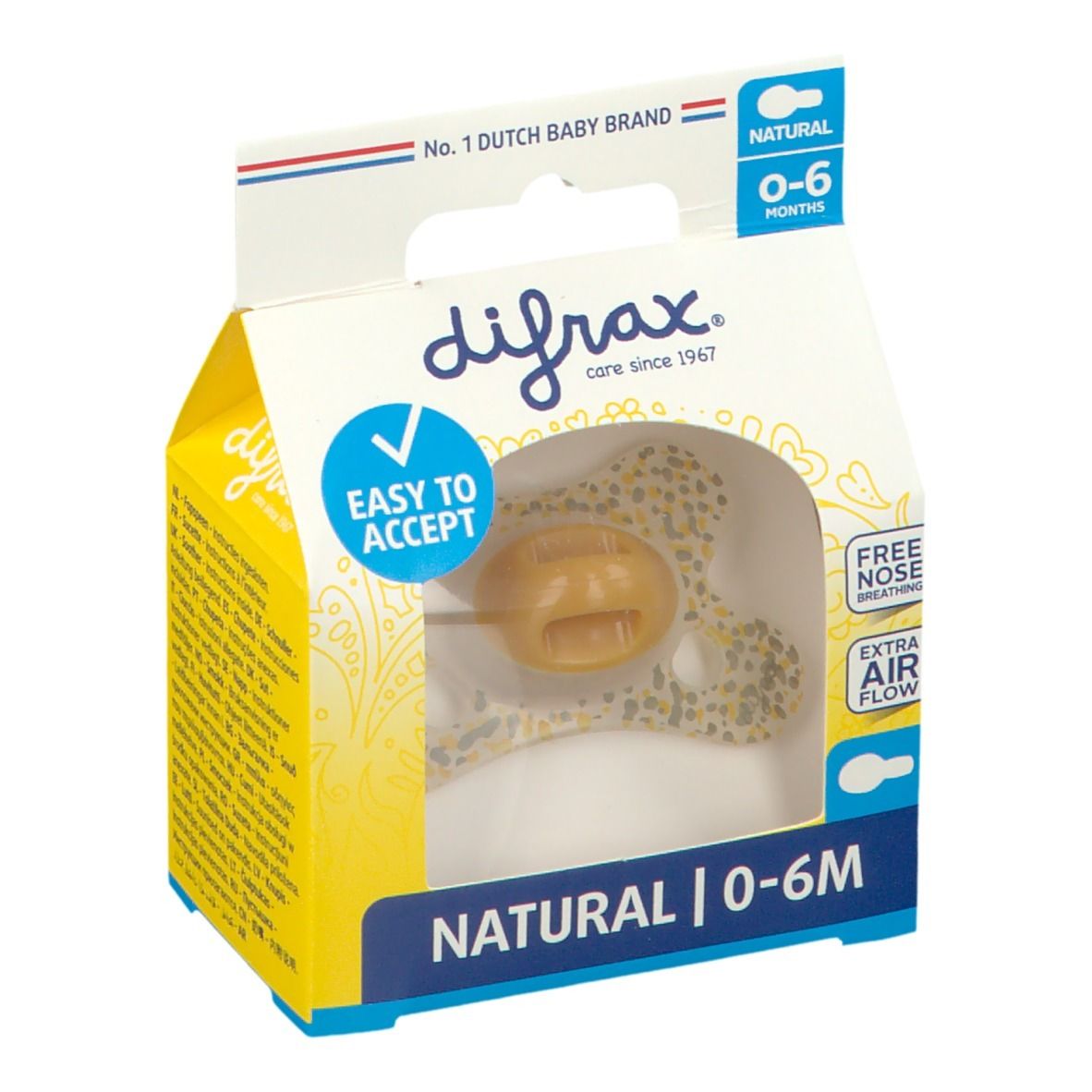 Verpakking met fopspeen. Zichtbaar: speen, schild, tekst 'NATURAL 0-6M', 'EASY TO ACCEPT', 'FREE NOSE BREATHING'.