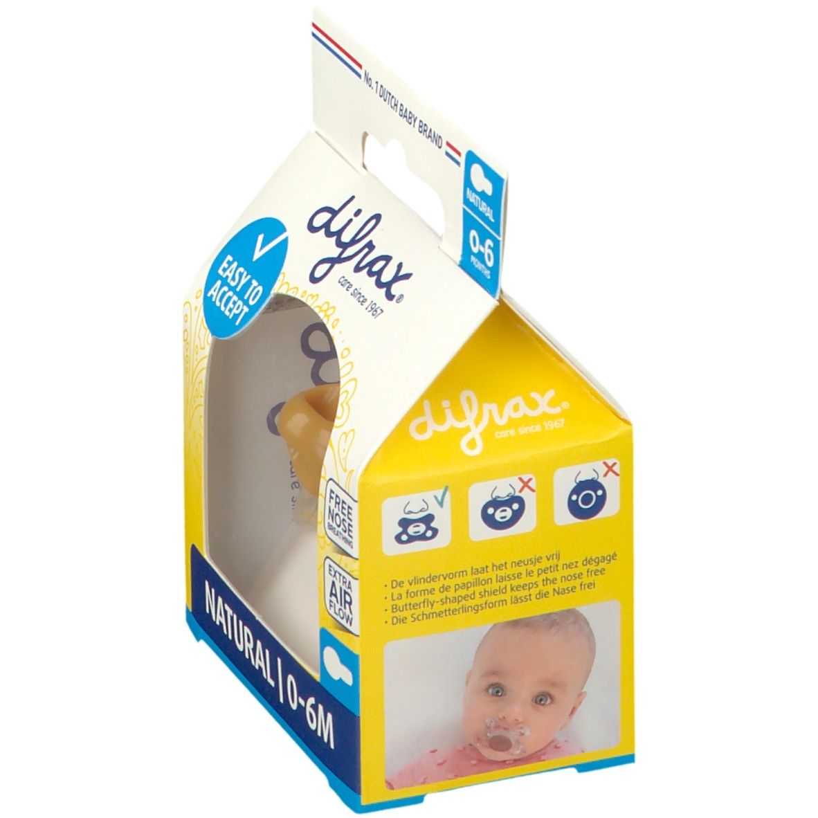 Verpakking met fopspeen. Zichtbaar: speen, schild, tekst 'NATURAL 0-6M', 'EASY TO ACCEPT', babyfoto.