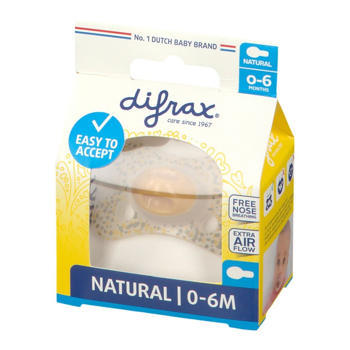 Verpakking met fopspeen. Zichtbaar: speen, schild, tekst 'NATURAL 0-6M', 'EASY TO ACCEPT', 'FREE NOSE BREATHING'.