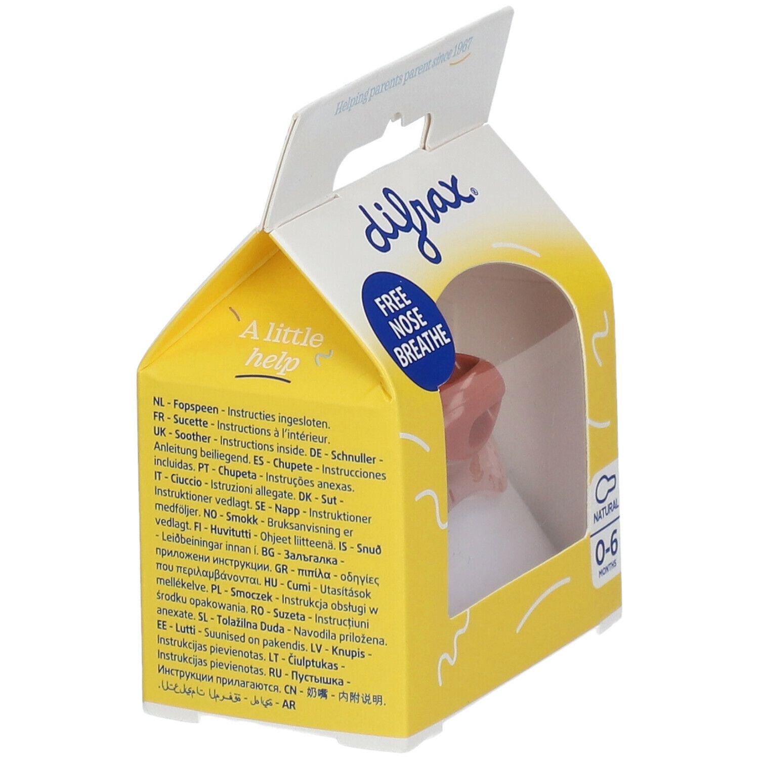 Emballage avec sucette. Marque difrax, Natural 0-6 mois. Emballage jaune avec texte multilingue et fenêtre.