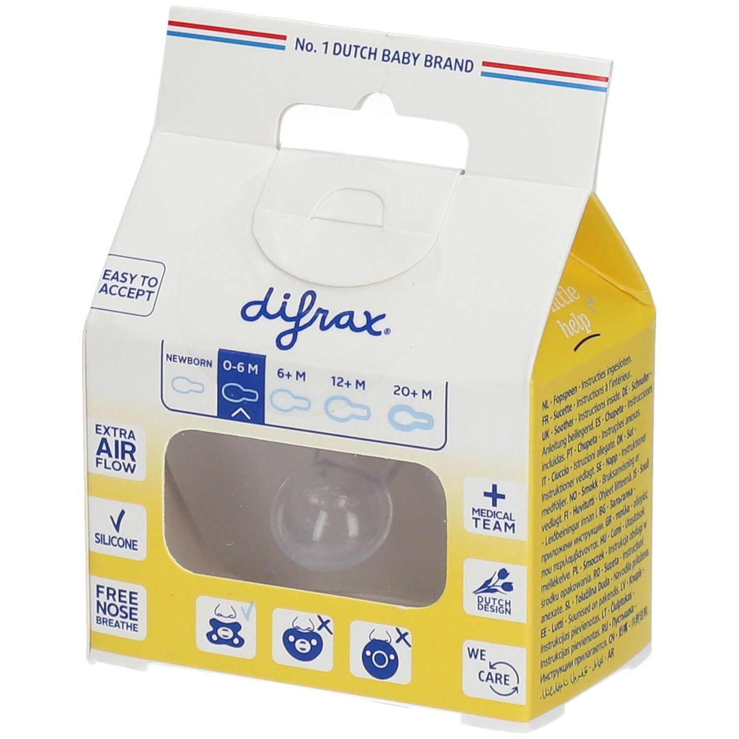 Emballage avec sucette. Marque difrax, Natural 0-6 mois. Emballage jaune avec texte et fenêtre. Silicone.