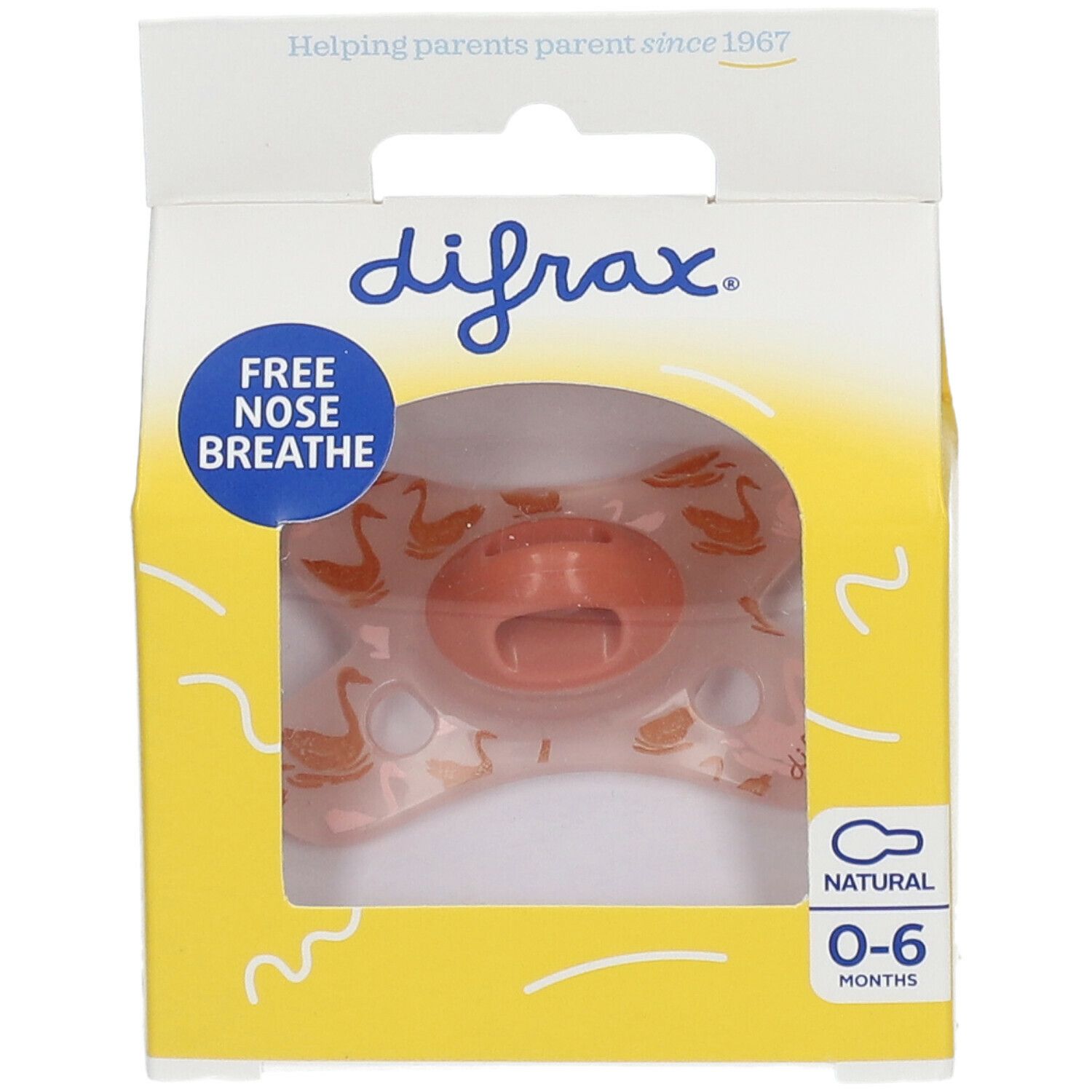 Sucette dans emballage. Marque difrax, Natural 0-6 mois, motif oiseaux. Emballage jaune avec fenêtre.