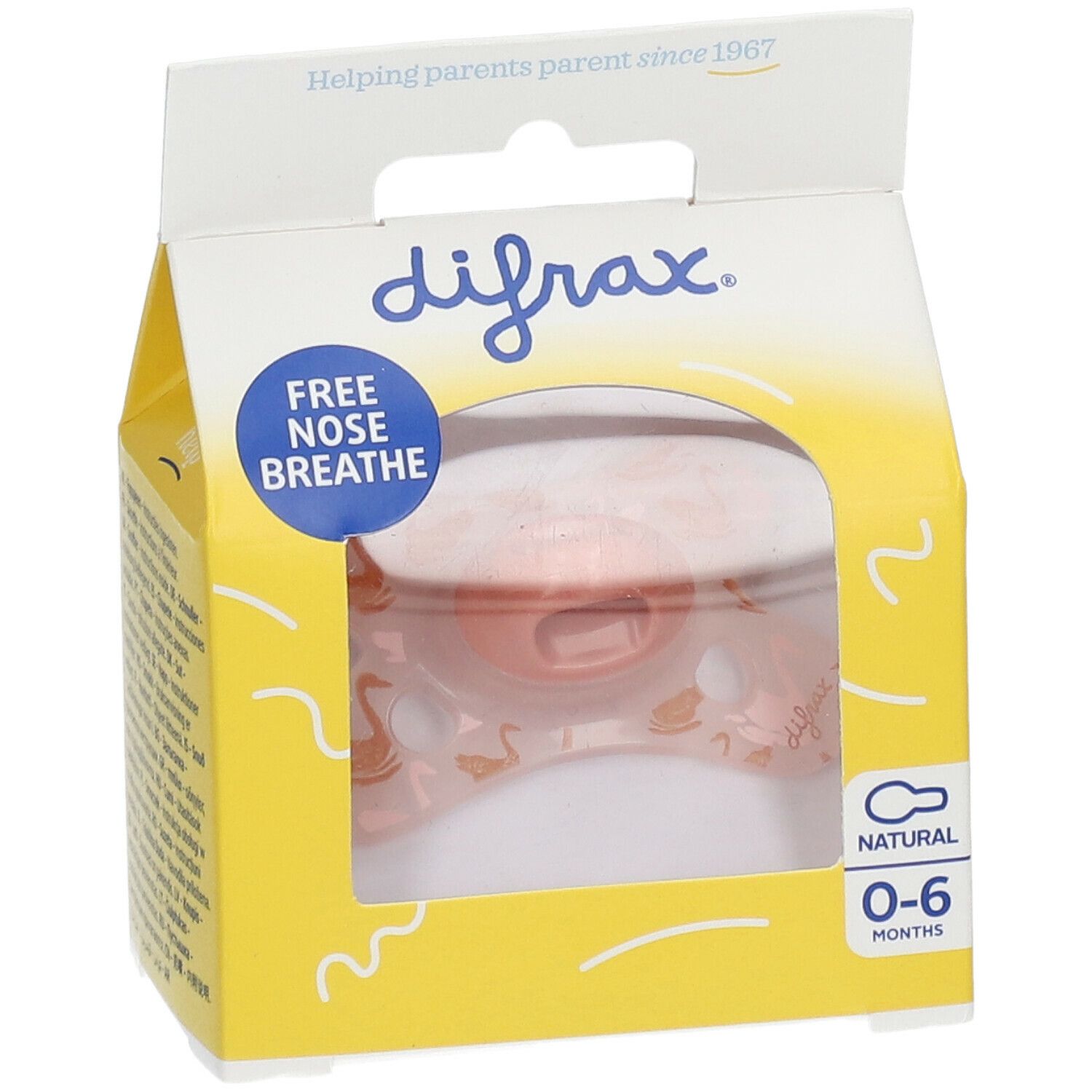 Sucette dans emballage. Marque difrax, Natural 0-6 mois. Emballage jaune avec fenêtre.