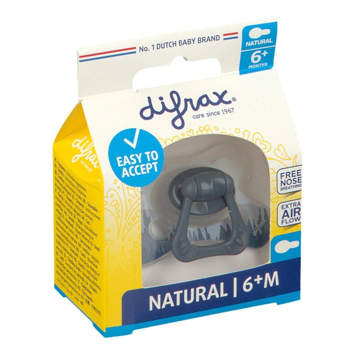 Verpakking met fopspeen. Zichtbaar: logo, tekst "NATURAL 6+M", "EASY TO ACCEPT", "FREE NOSE BREATHING", "EXTRA AIR FLOW".