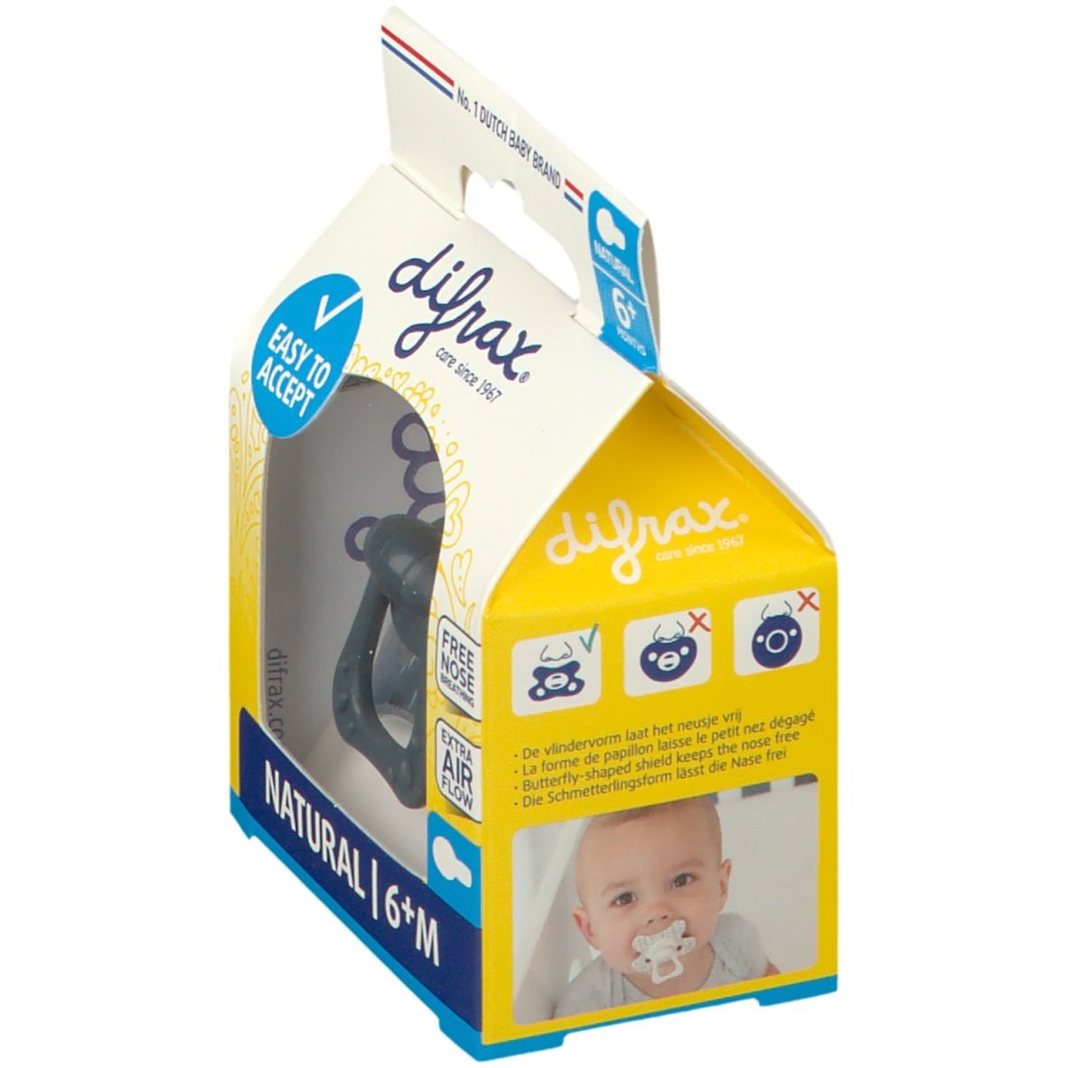 Verpakking met fopspeen. Zichtbaar: logo, tekst "NATURAL 6+M", "EASY TO ACCEPT", "FREE NOSE BREATHING", "EXTRA AIR FLOW". Baby met fopspeen.