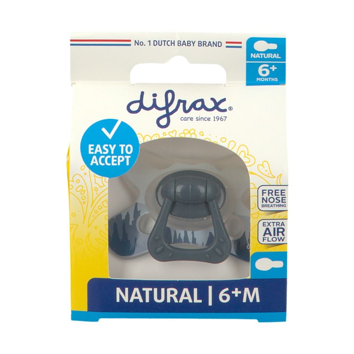 Verpakking met fopspeen. Zichtbaar: logo, tekst "NATURAL 6+M", "EASY TO ACCEPT", "FREE NOSE BREATHING", "EXTRA AIR FLOW".