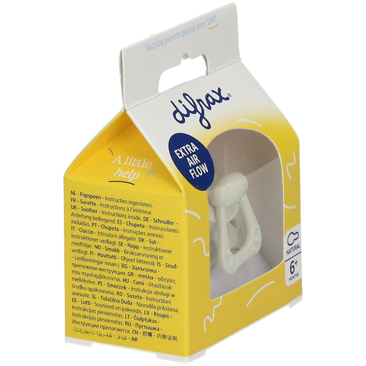 Emballage de sucette. Marque difrax, texte "Extra Air Flow", recommandation d'âge 6+ mois. Textes multilingues.