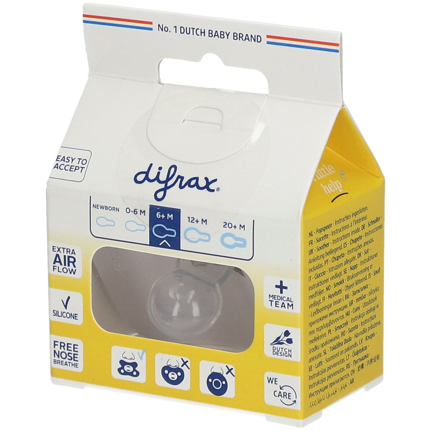 Emballage de sucette. Marque difrax, texte "Extra Air Flow", recommandations d'âge. "No. 1 Dutch Baby Brand".