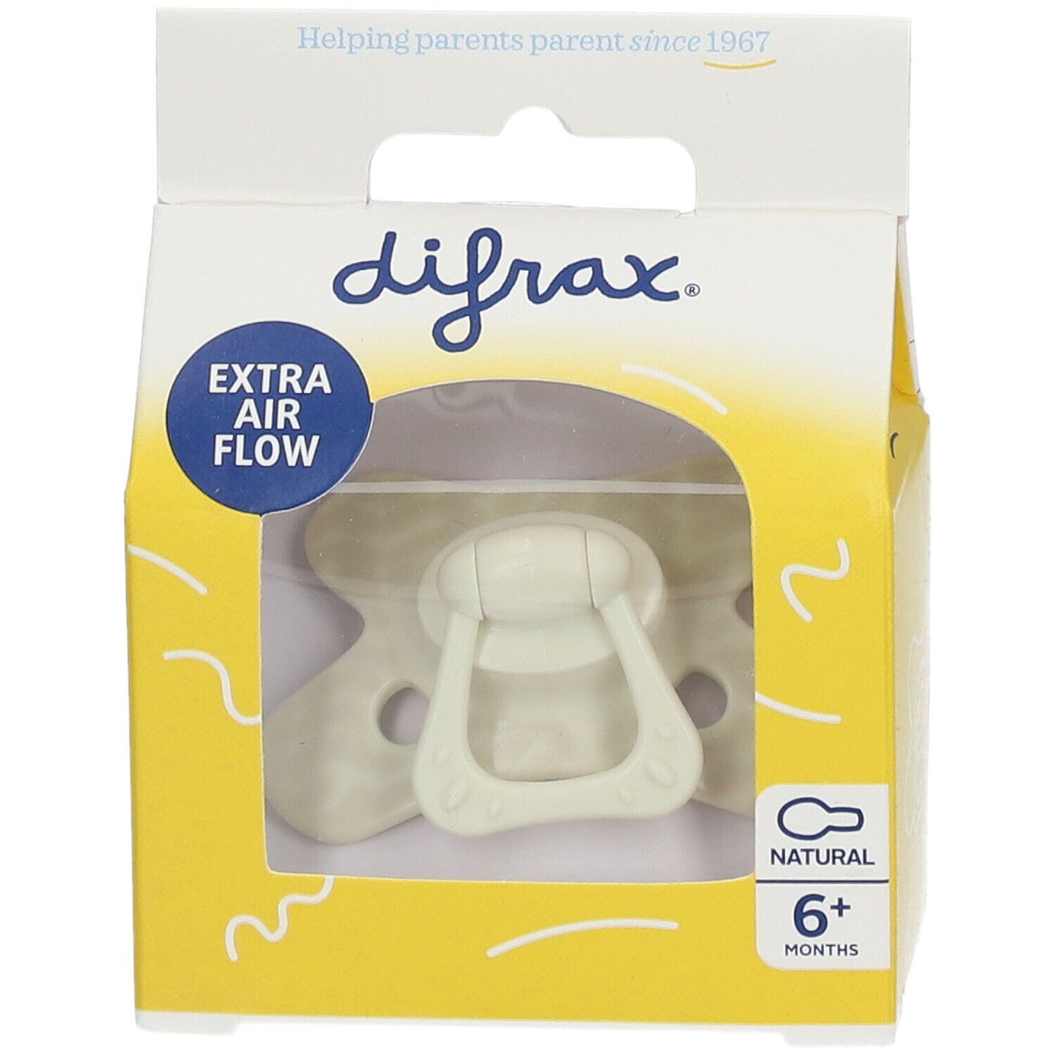 Emballage de sucette. Marque difrax, texte "Extra Air Flow", recommandation d'âge 6+ mois. Produit dans la boîte.