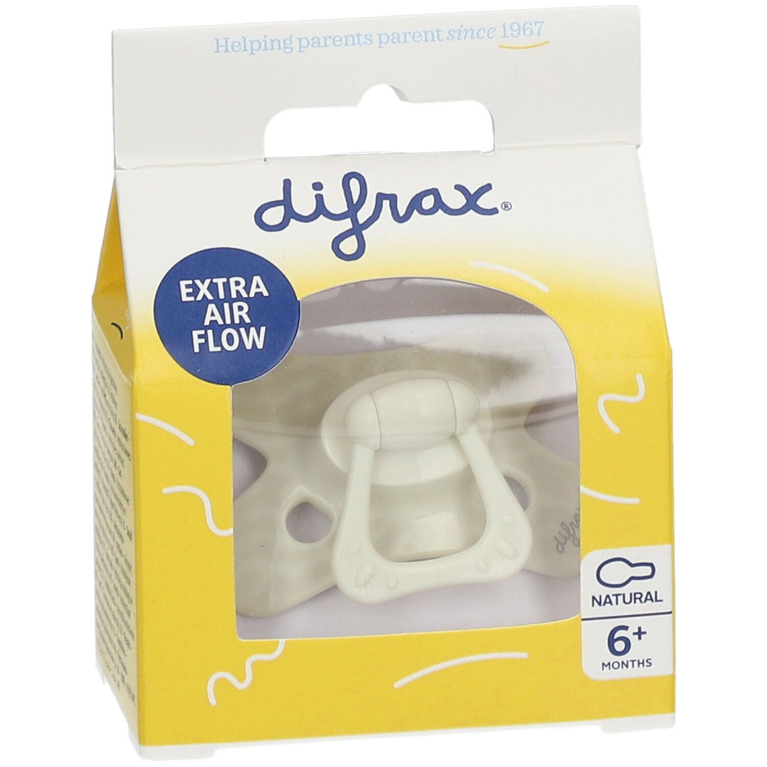 Emballage de sucette. Marque difrax, texte "Extra Air Flow", recommandation d'âge 6+ mois. Produit dans la boîte.