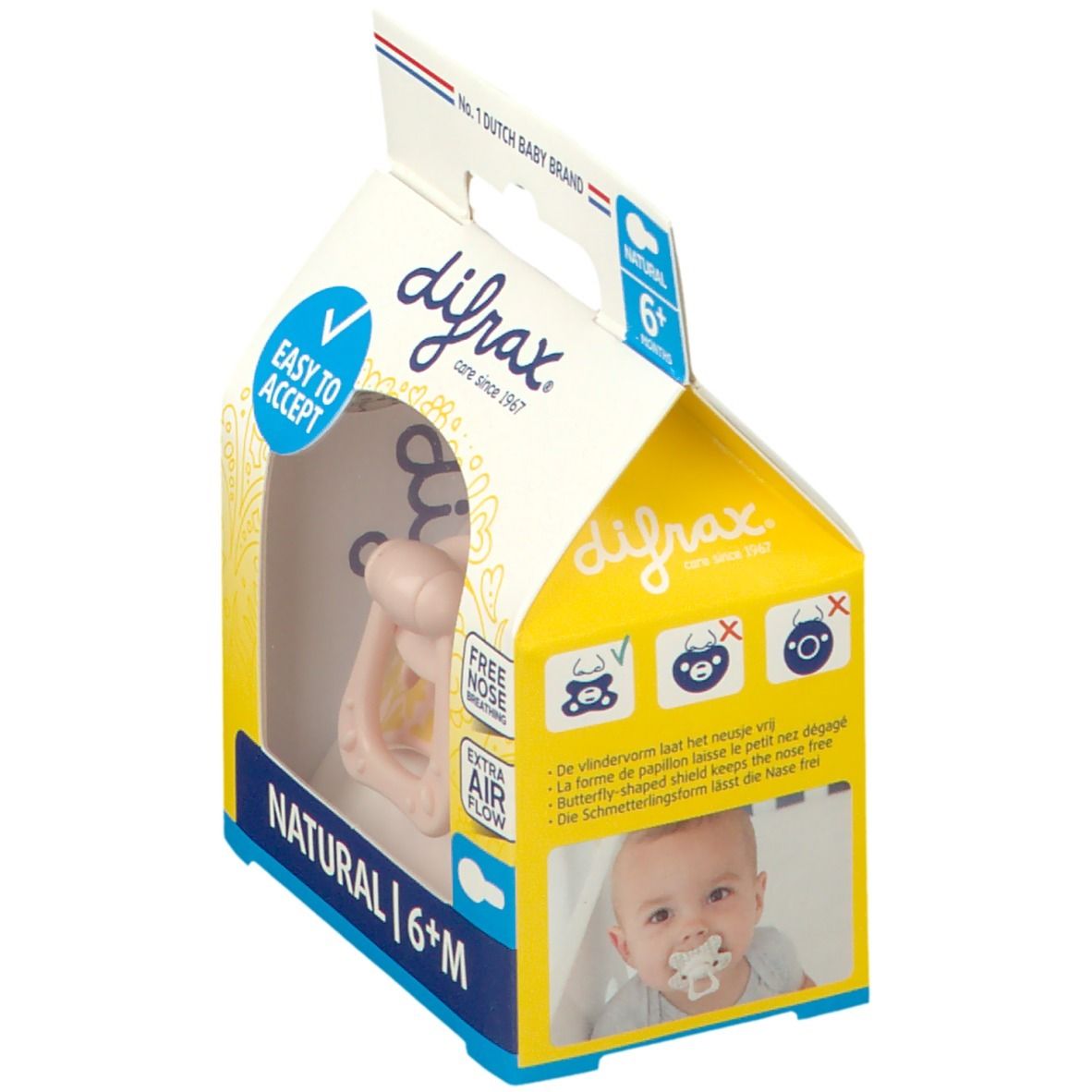 Verpakking met fopspeen. Roze fopspeen. Merk: difrax. Tekst: Easy to Accept, Natural 6+M. Baby met fopspeen.