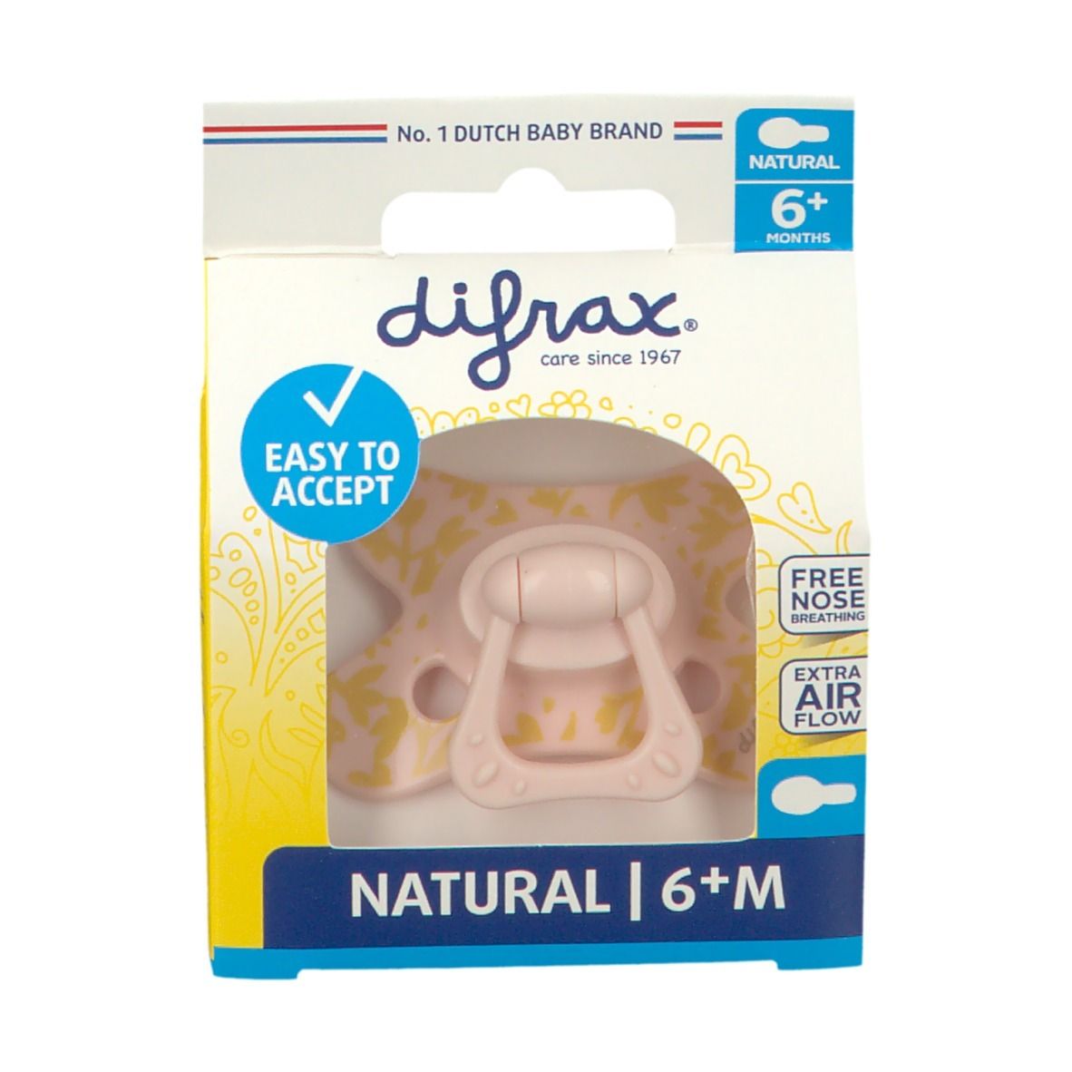 Verpakking met fopspeen. Roze fopspeen met geel patroon. Merk: difrax. Tekst: Natural 6+M, Easy to Accept.
