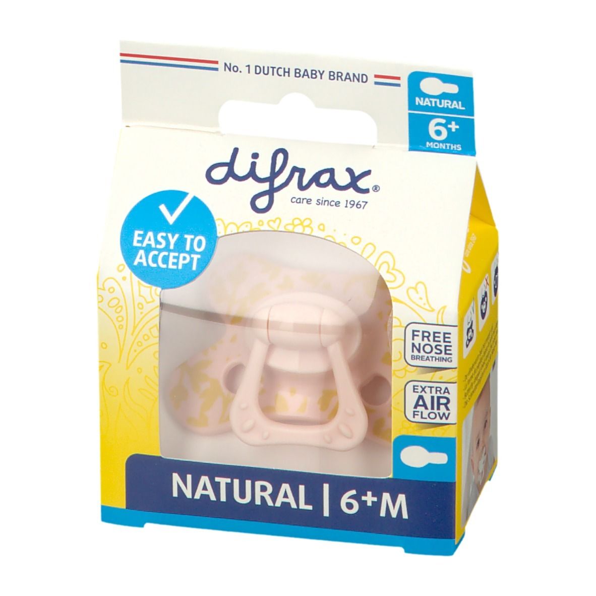 Verpakking met fopspeen. Roze fopspeen met geel patroon. Merk: difrax. Tekst: Natural 6+M, Easy to Accept.