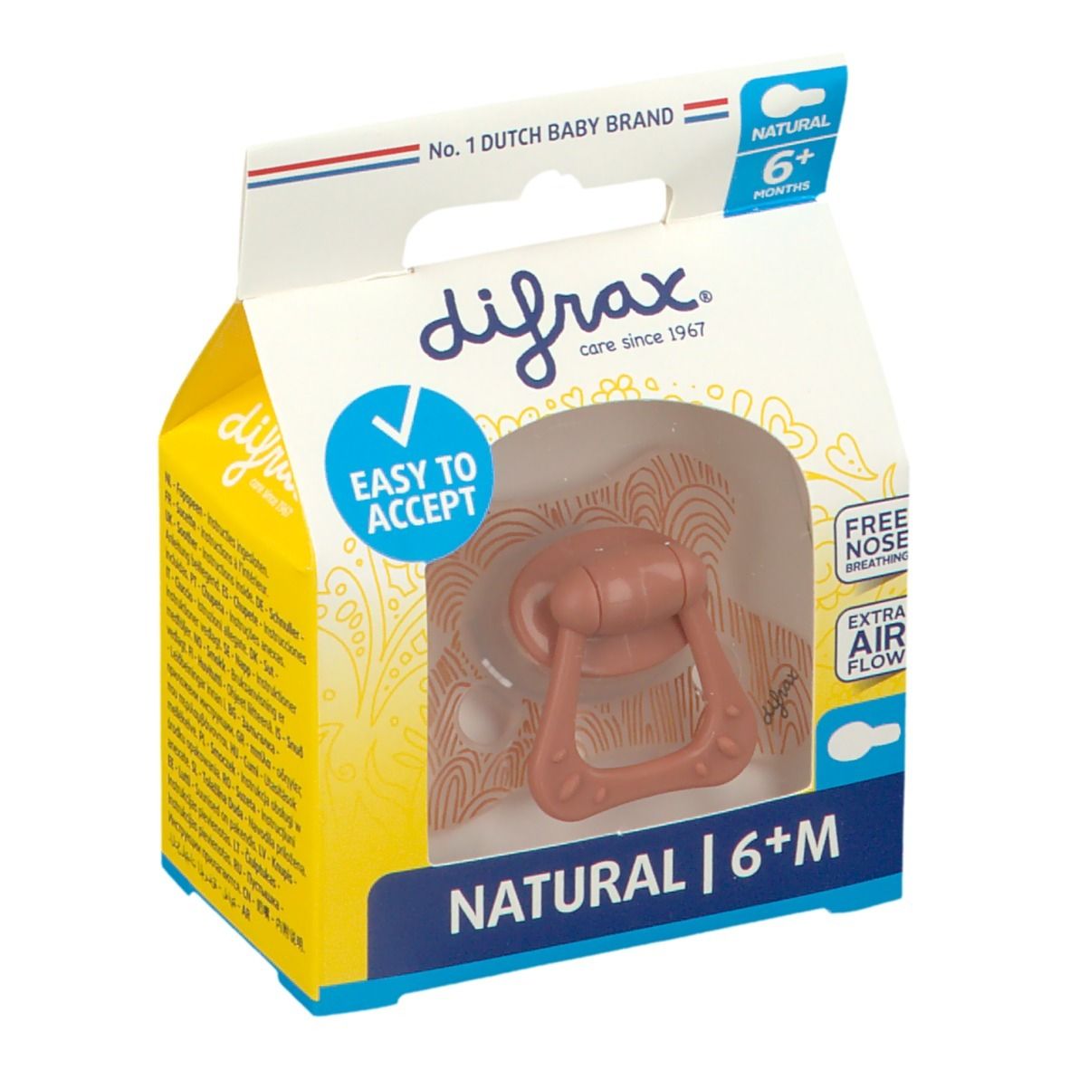 Emballage de sucette rose avec poignée. Texte: Natural 6+M, Easy to Accept, Free Nose Breathing, Extra Air Flow. Marque: difrax.