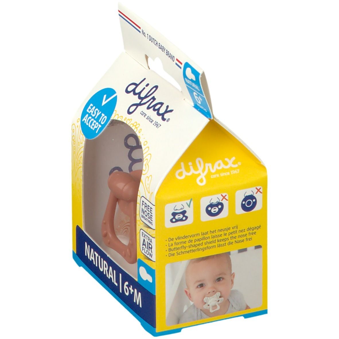 Emballage de sucette rose avec poignée. Texte: Natural 6+M, Easy to Accept, Free Nose Breathing, Extra Air Flow. Bébé avec sucette.