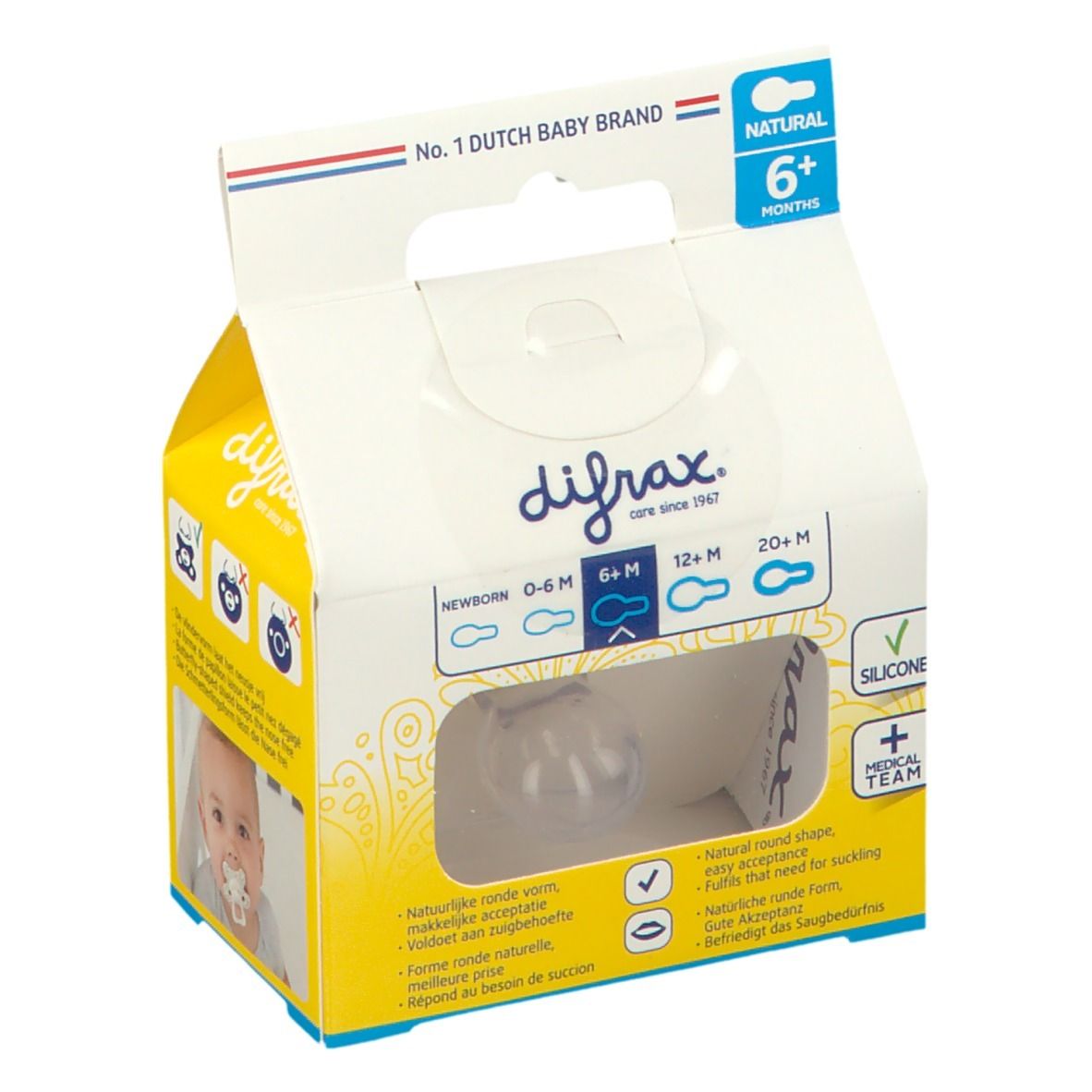 Emballage avec sucette transparente visible. Texte: Natural 6+M, Silicone. Logo: Medical Team. Recommandations d'âge.