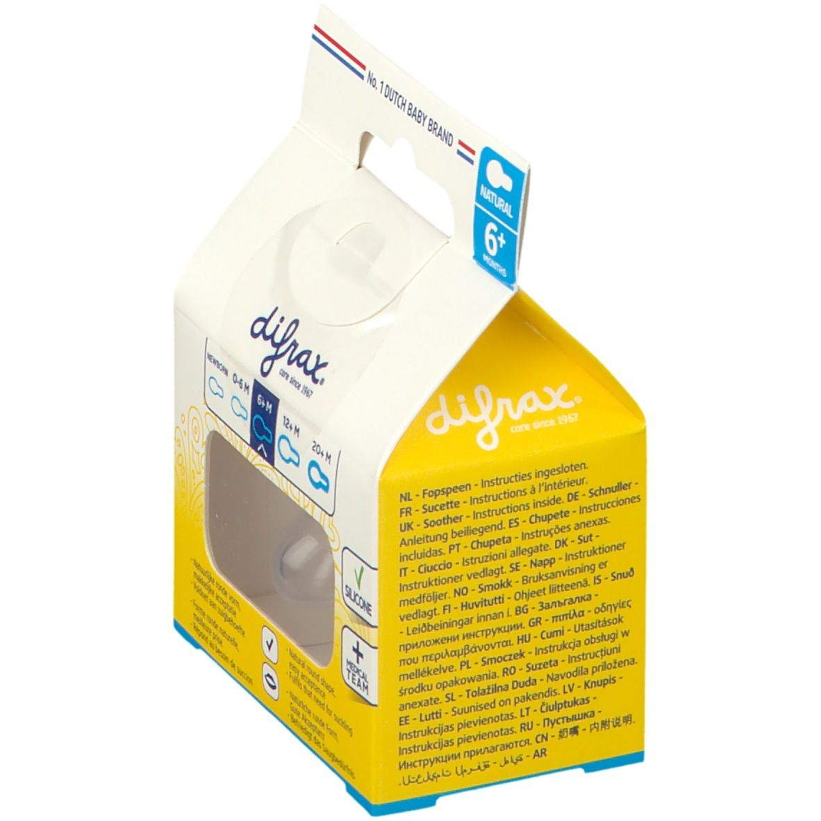 Emballage avec texte. Texte: Natural 6+M, Silicone. Logo: Medical Team. Instructions en plusieurs langues.