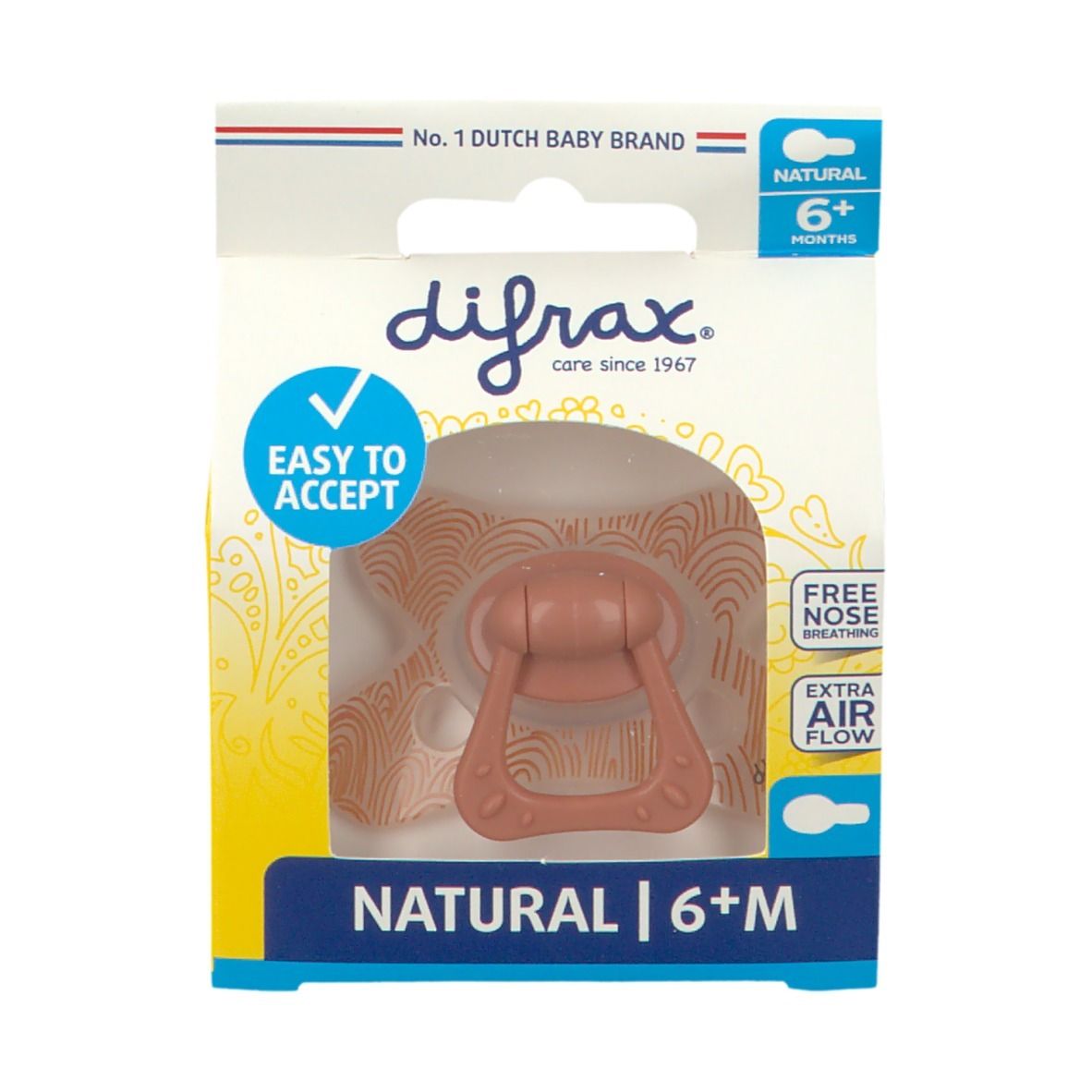 Emballage avec sucette rose avec poignée. Texte: Natural 6+M, Easy to Accept, Free Nose Breathing, Extra Air Flow. Marque: difrax.
