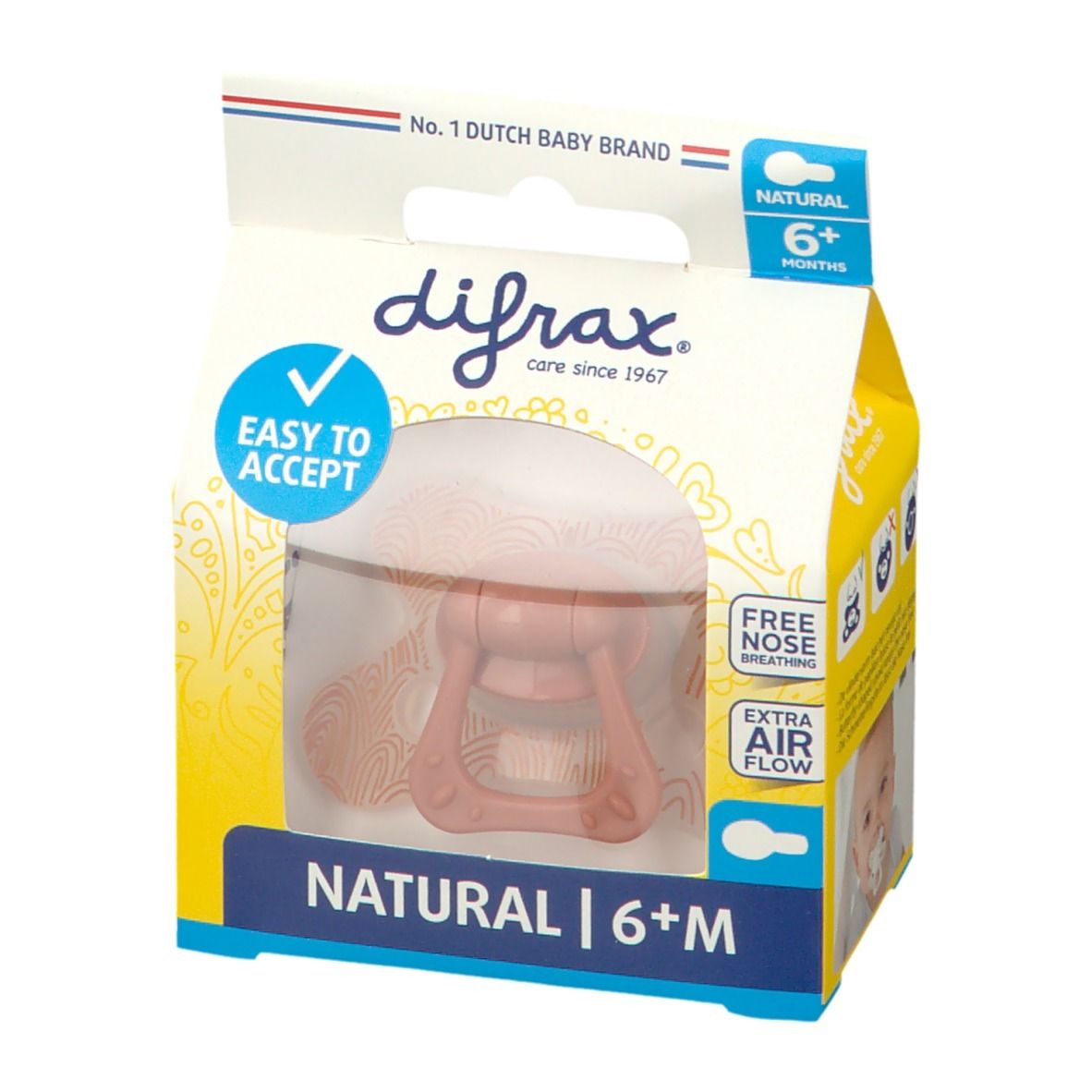 Emballage avec sucette rose avec poignée. Texte: Natural 6+M, Easy to Accept, Free Nose Breathing, Extra Air Flow. Marque: difrax.