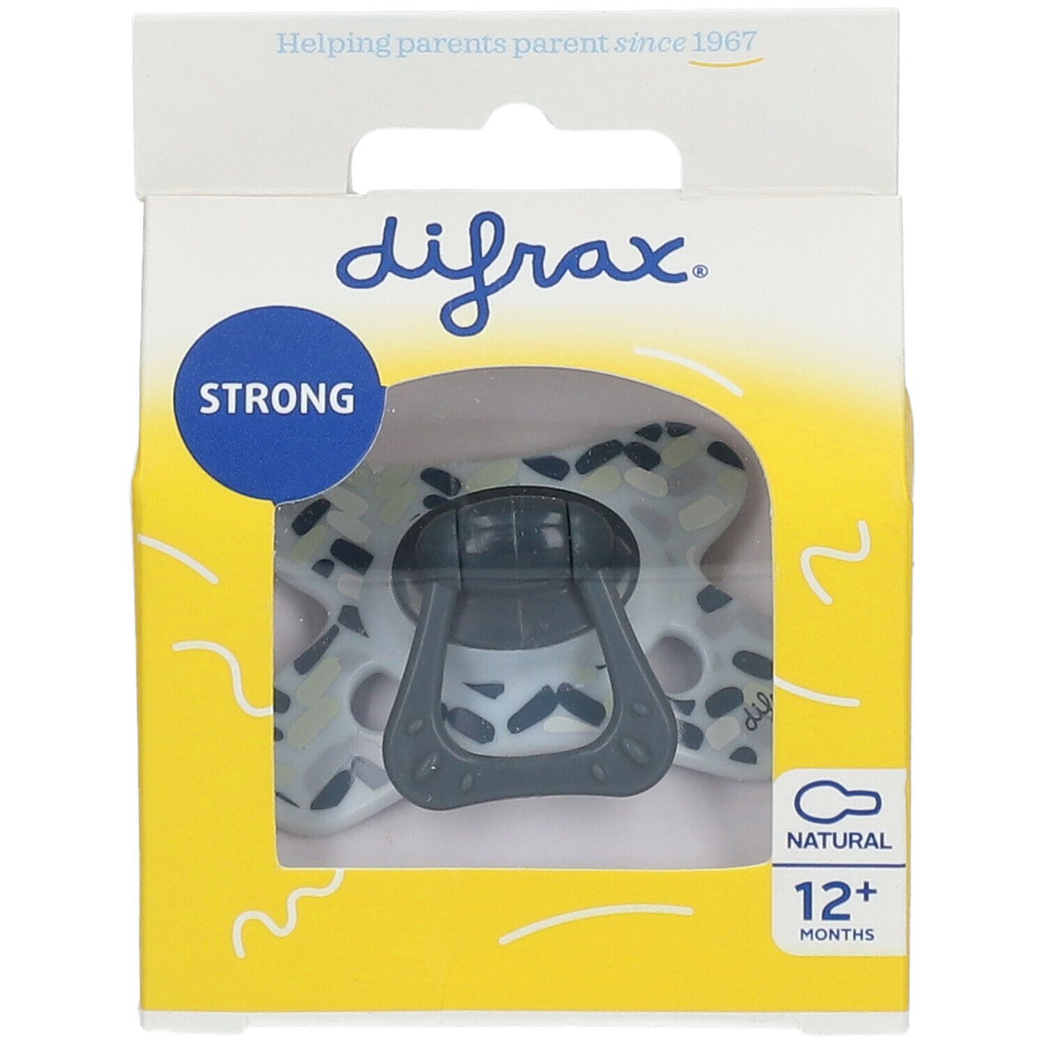 Speen in verpakking. Grijze speen, gele verpakking met difrax-logo en aanduiding "12+ maanden".