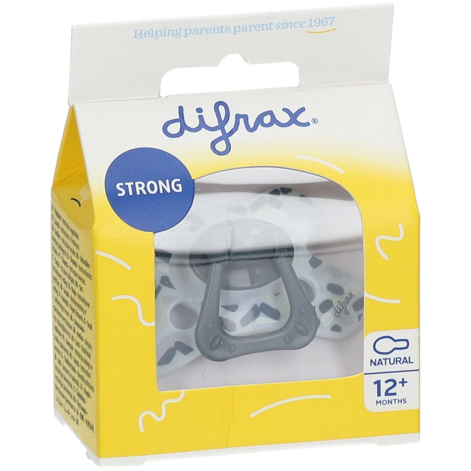 Speen in verpakking. Grijze speen, gele verpakking met difrax-logo en aanduiding "12+ maanden".