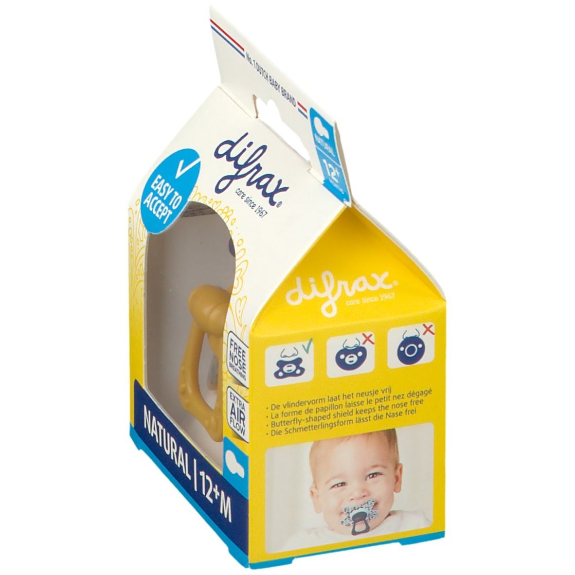 Verpakking met fopspeen. Gele fopspeen met handvat. Tekst: NATURAL 12+M, EASY TO ACCEPT, FREE NOSE BREATHING, EXTRA AIR FLOW. Baby met fopspeen.