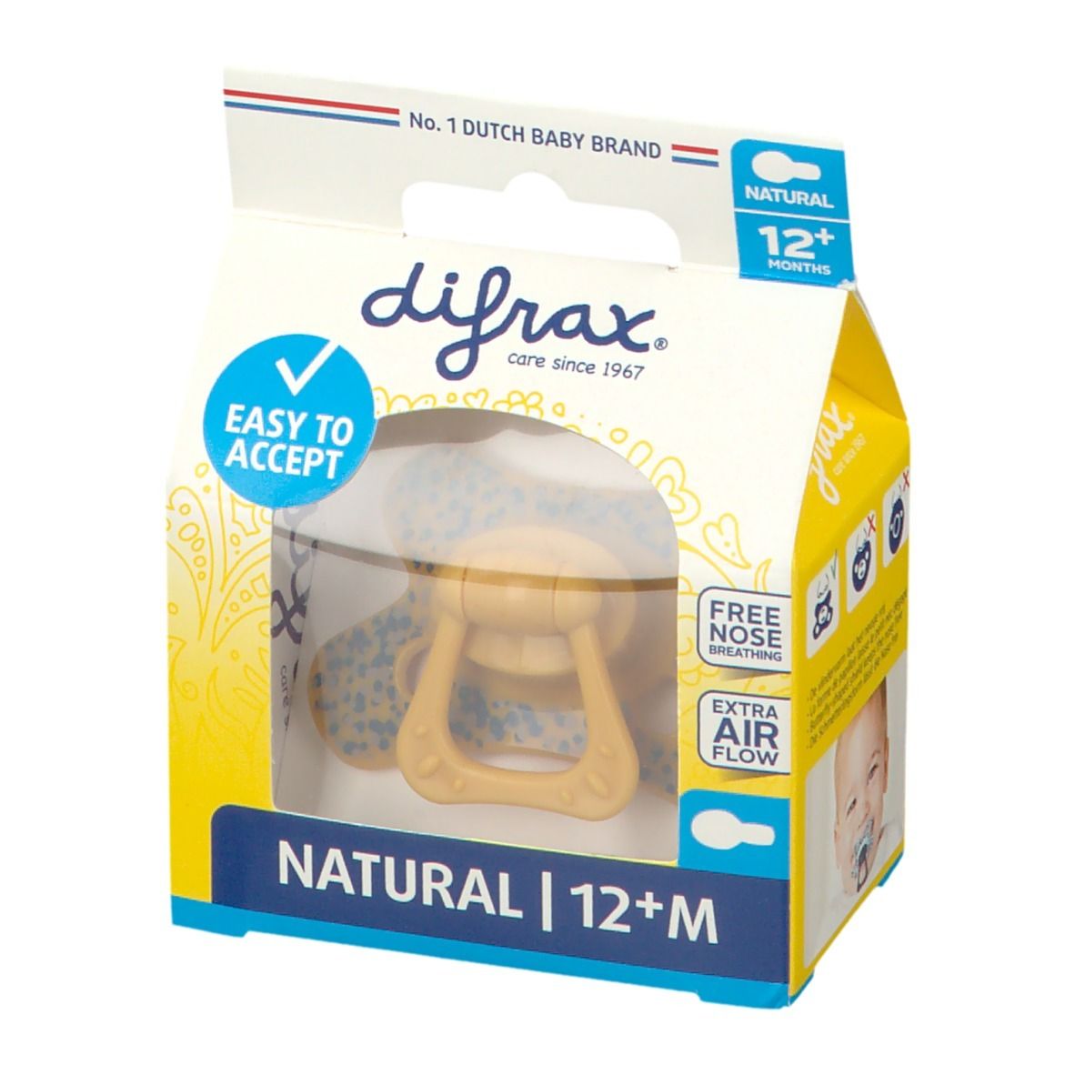 Verpakking met fopspeen. Gele fopspeen met handvat, blauw patroon. Tekst: NATURAL 12+M, EASY TO ACCEPT, FREE NOSE BREATHING, EXTRA AIR FLOW.