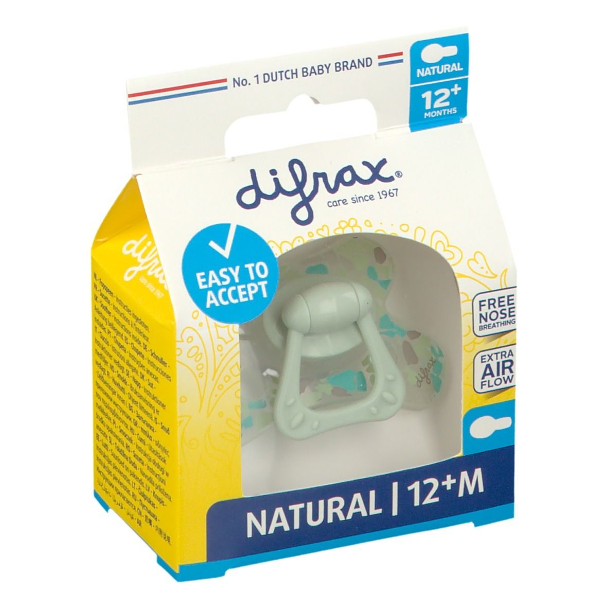 Verpakking met fopspeen. Lichtgroene fopspeen met handvat. Tekst: Easy to accept, Natural 12+M, Free nose breathing, Extra air flow.