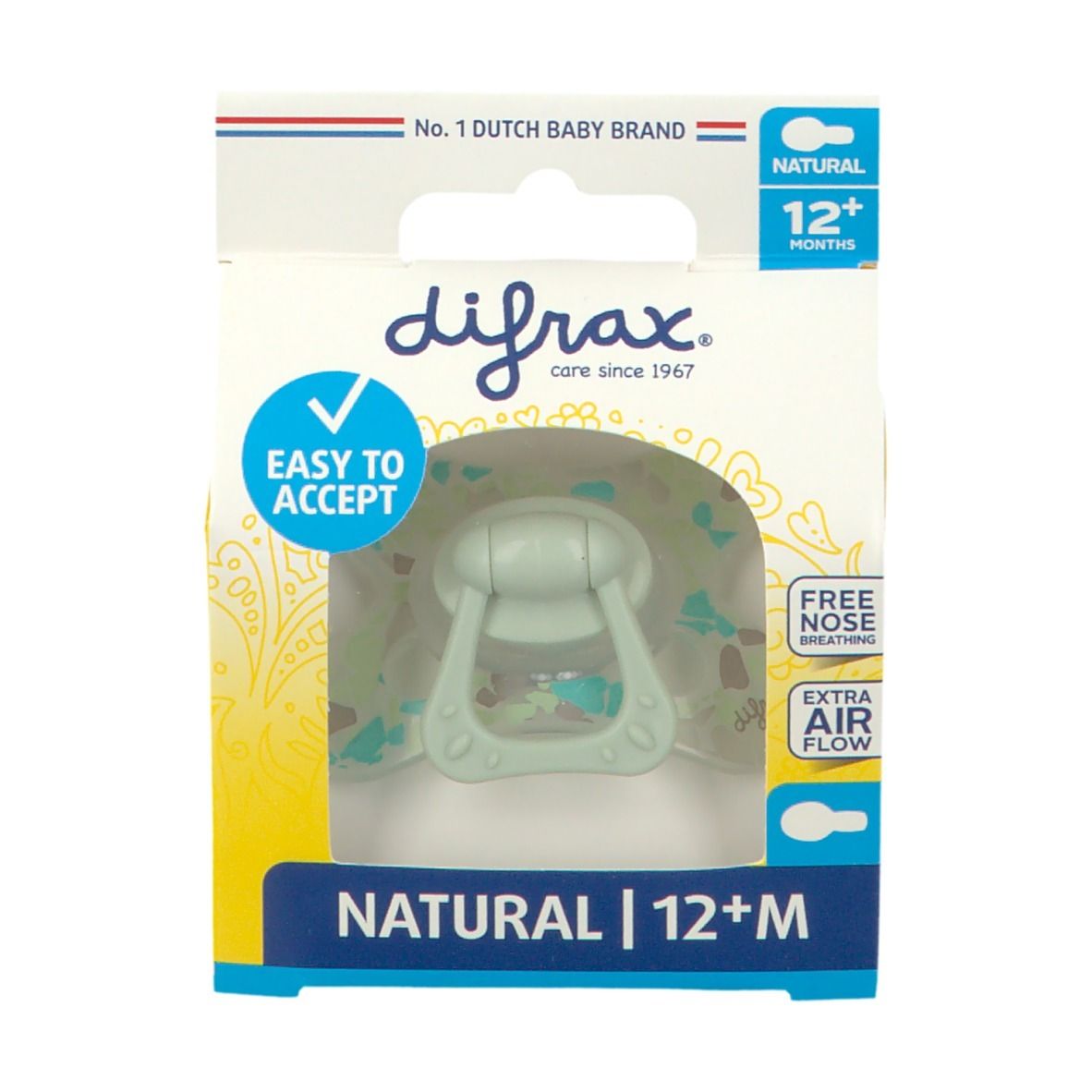 Verpakking met fopspeen. Lichtgroene fopspeen met handvat. Tekst: Easy to accept, Natural 12+M, Free nose breathing, Extra air flow.