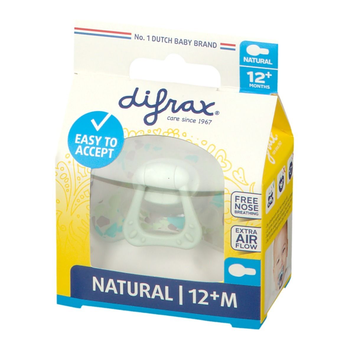 Verpakking met fopspeen. Lichtgroene fopspeen met handvat. Tekst: Easy to accept, Natural 12+M, Free nose breathing, Extra air flow.