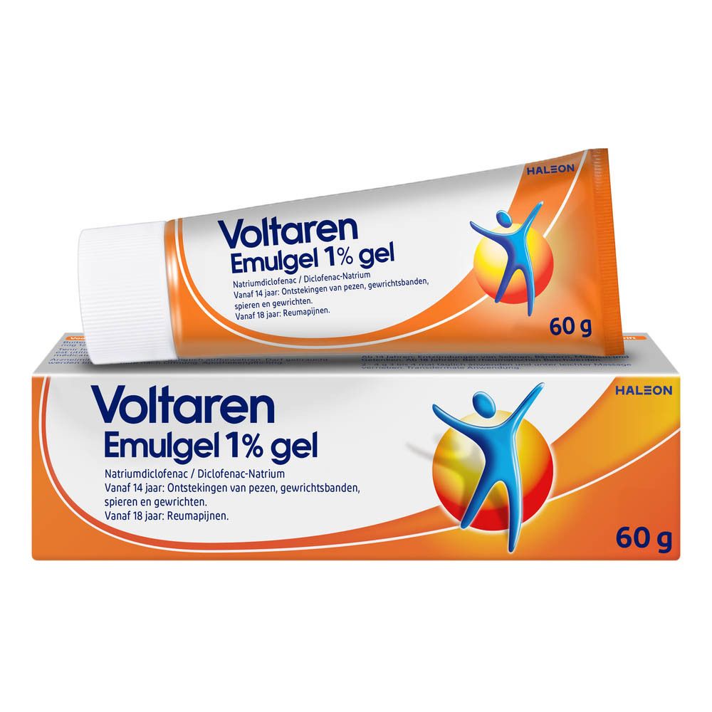 Voltaren Emulgel 1% gel tube en verpakking. Beide met tekst en logo.