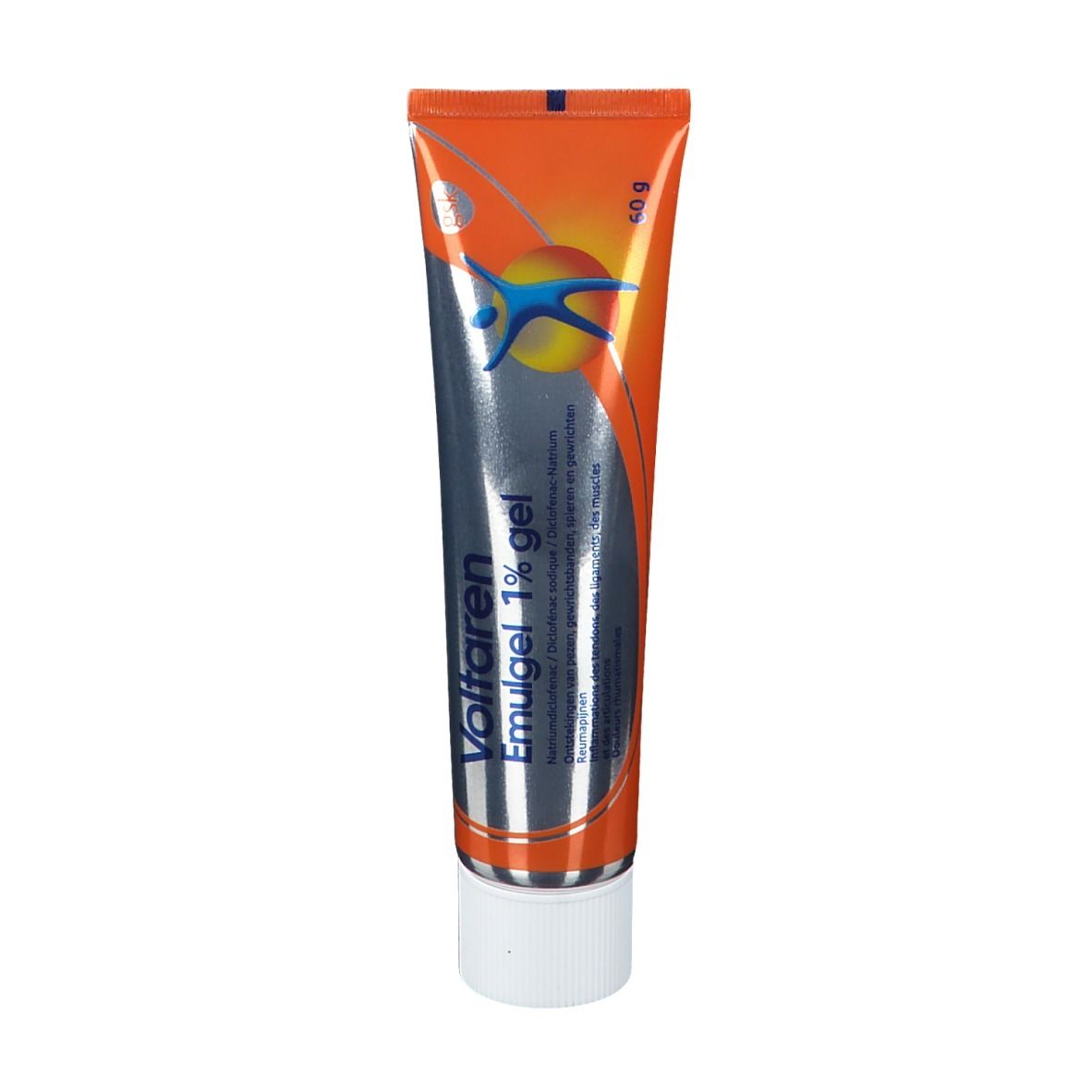 Voltaren Emulgel 1% gel tube. Oranje-zilveren tube met witte dop.